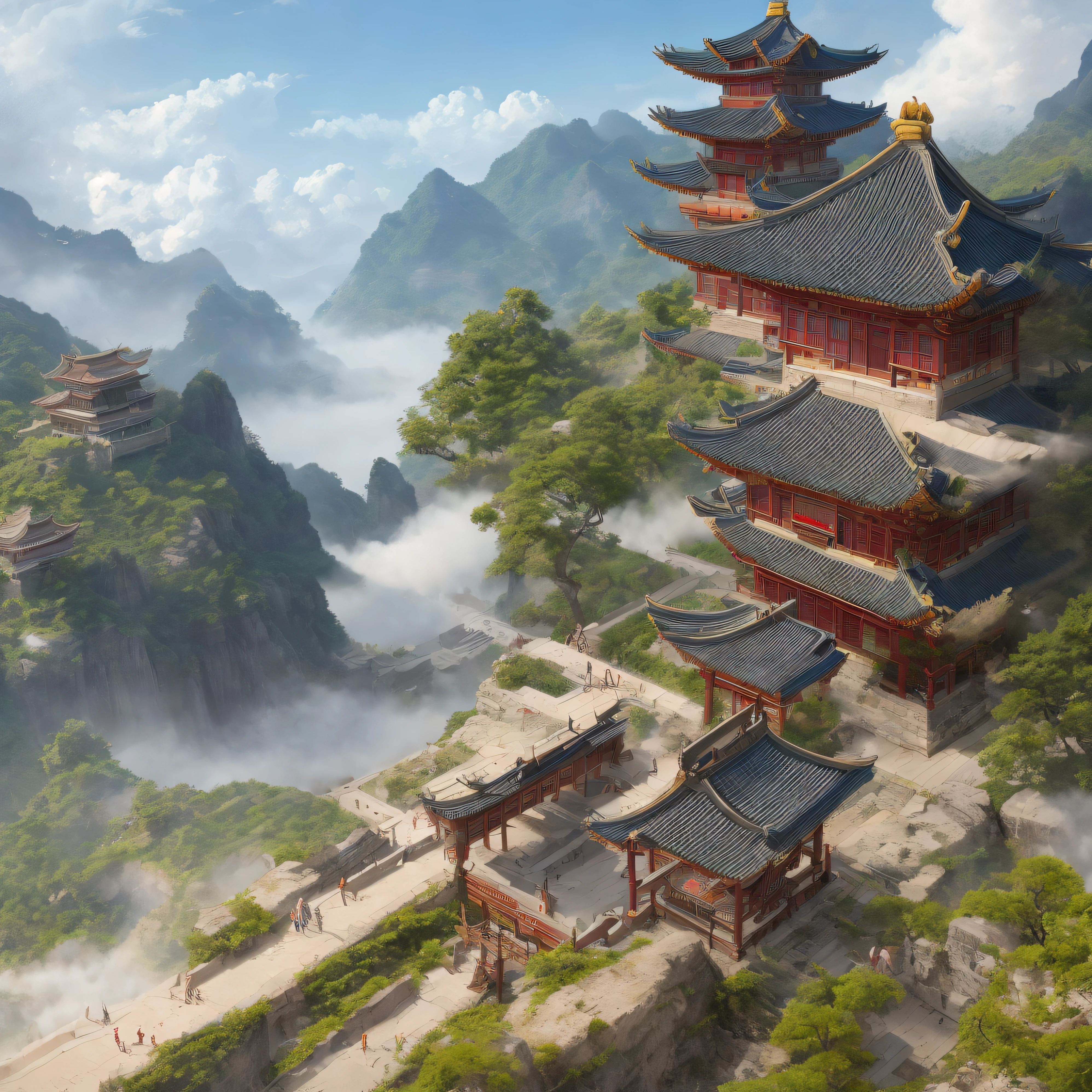 Xianjian, Xianxia, hand-painted illustrations, clouds, ancient buildings, flying swords, the background of Zhu Xian novels, high quality, 8k, fine details