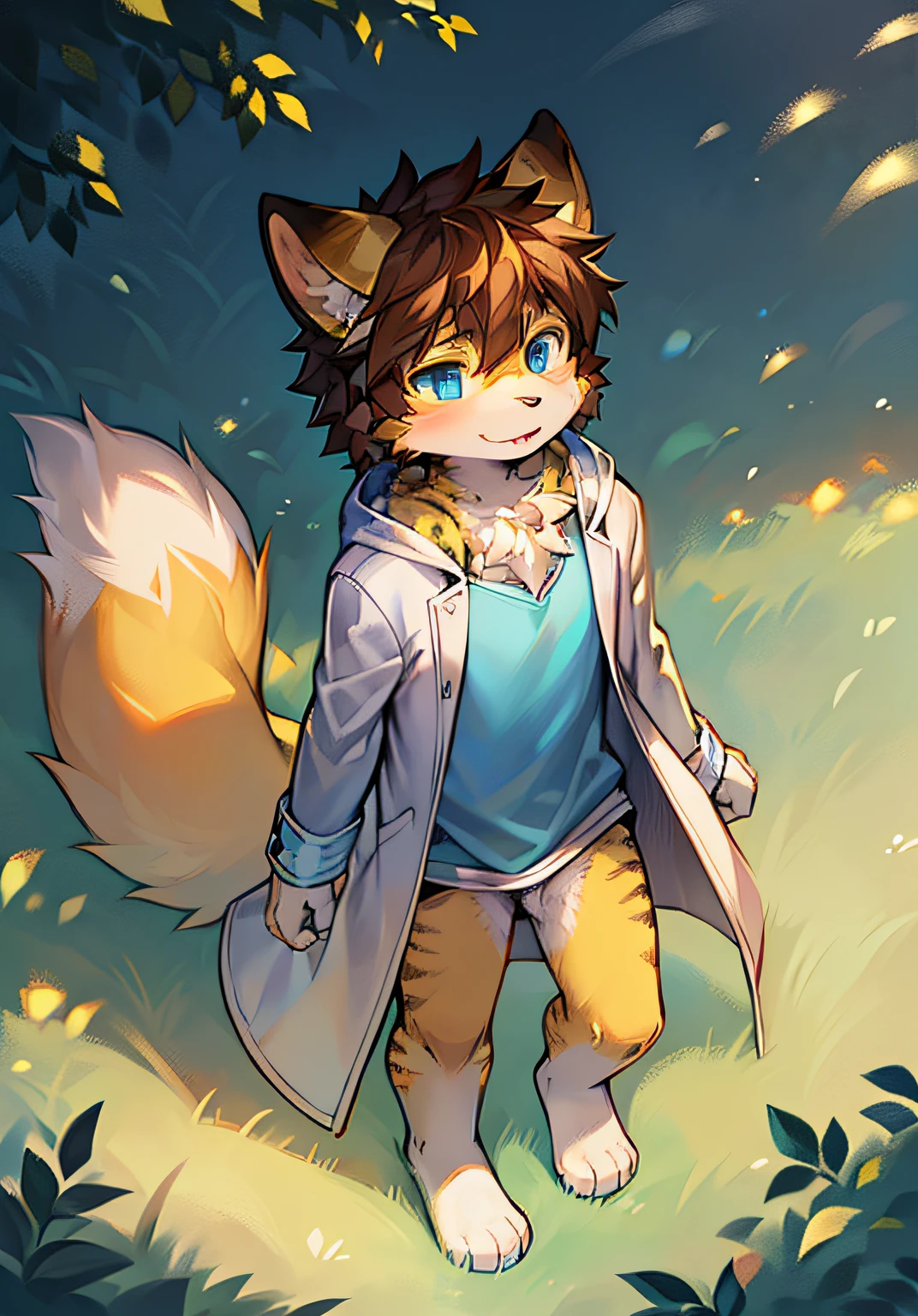 eyes with brightness, in a panoramic view, Character focus.(detailedbackground:0.7), 独奏, shaggy, shaggy male, anthr,(Full Body Furry, Fluffy tail, Yellow fur, blue color eyes, brown hair,No rubbing edges,Casual white coat:1.2), (felid:1.2),(In the daytime、grassy fields:1.1)