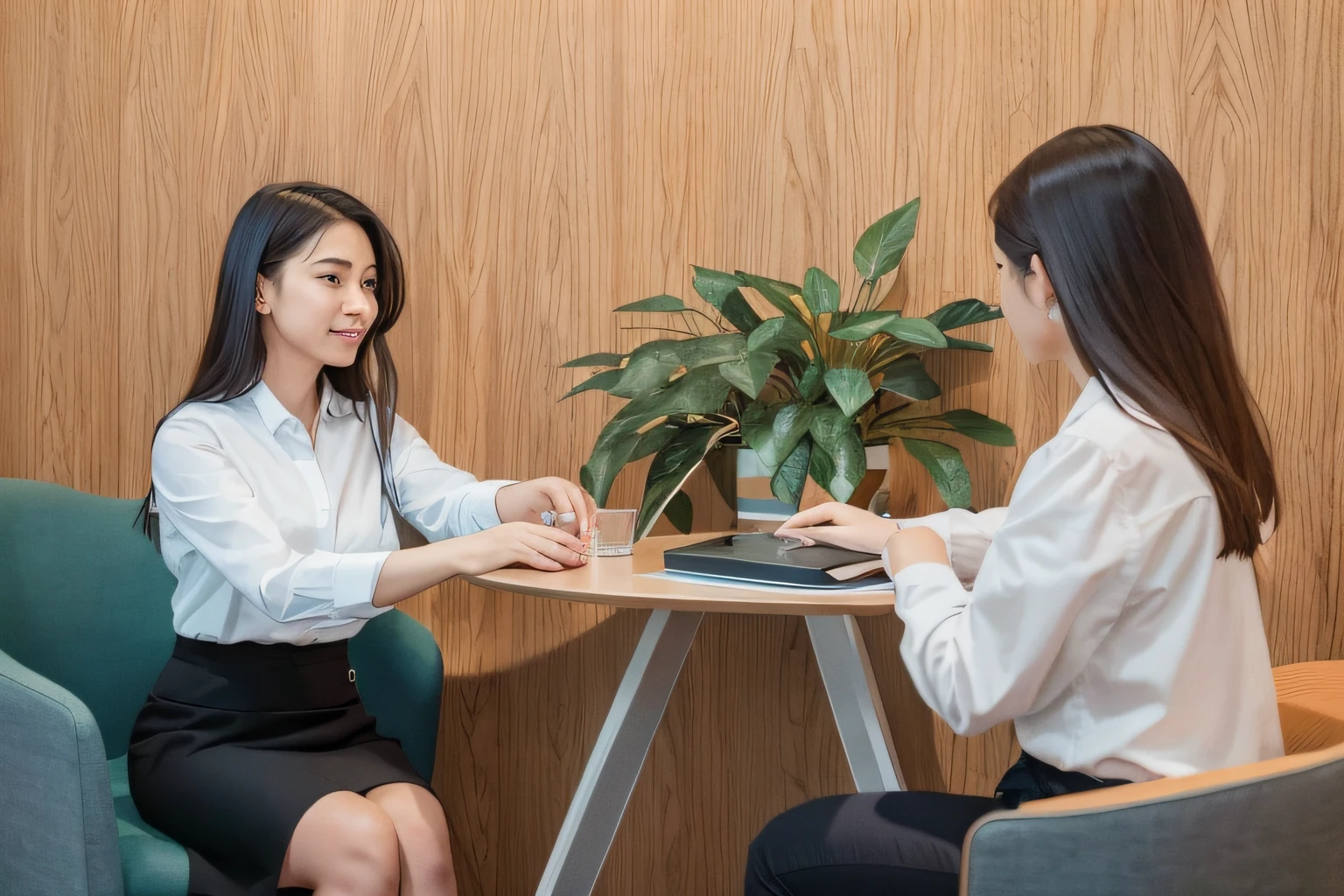 Two women sat at a table，Holding a laptop and a plant in his hand, working in an office, Be interviewed, product introduction photos, in a office, in a meeting room, co worker, Sitting at your desk, sitting in office, At the office, interview, people at work, sat in an office, sits at a table, Sitting at your desk, sitting at table, business meeting