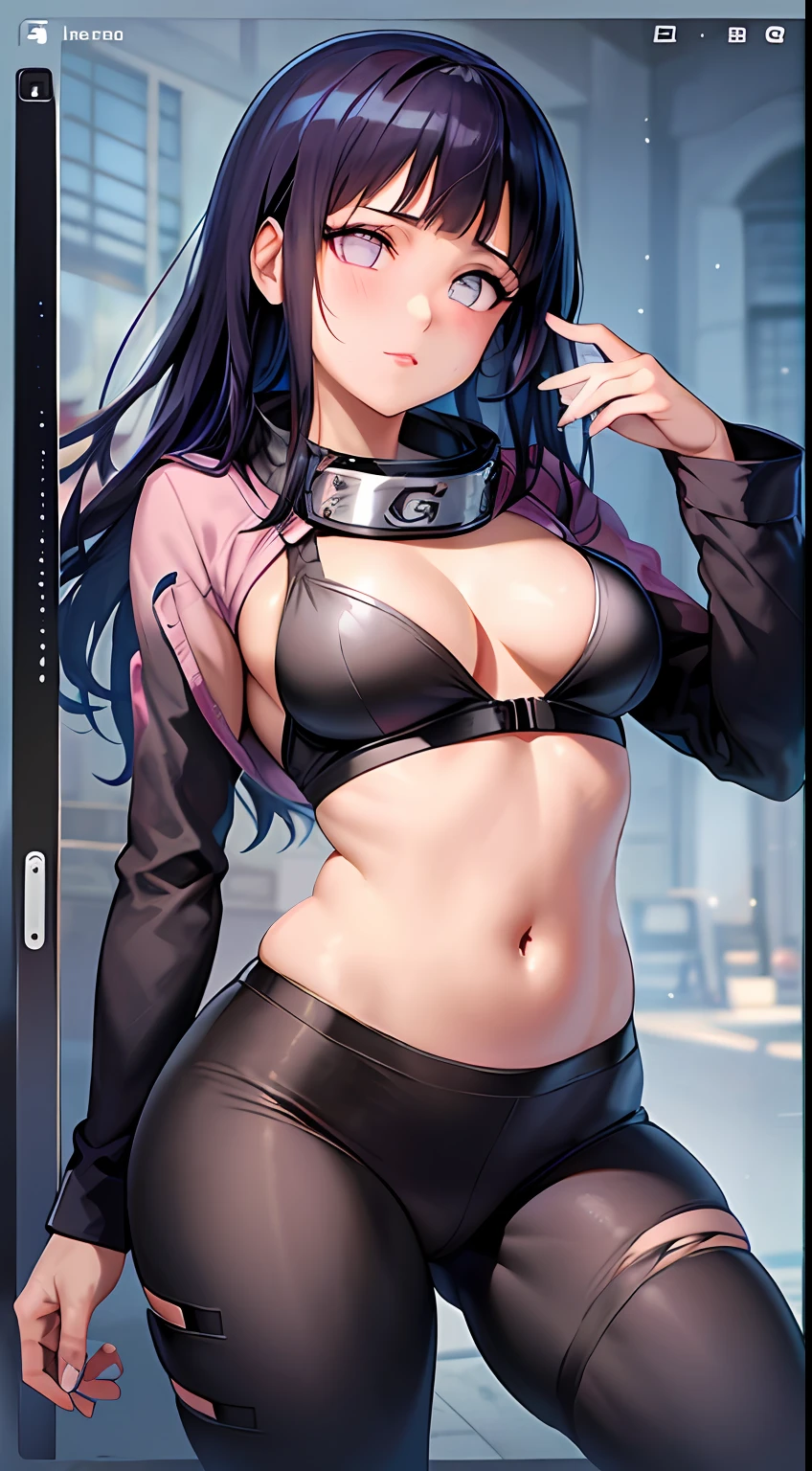 obra-prima, alto, alta qualidade, rosto detalhado, render corpo detalhado, 1girl, sozinho, hyuuga hinata, hinata-sleevless-outfit, middlebreasts, Small thorax, quadril largo, coxas grossas, top, barriga de fora, top, tampo da rede de pesca, Dark lips, no-bra, seios para fora, Dope, pernas grossas, standingn, de costas, Blushes, (no quarto), tight black legging pants
