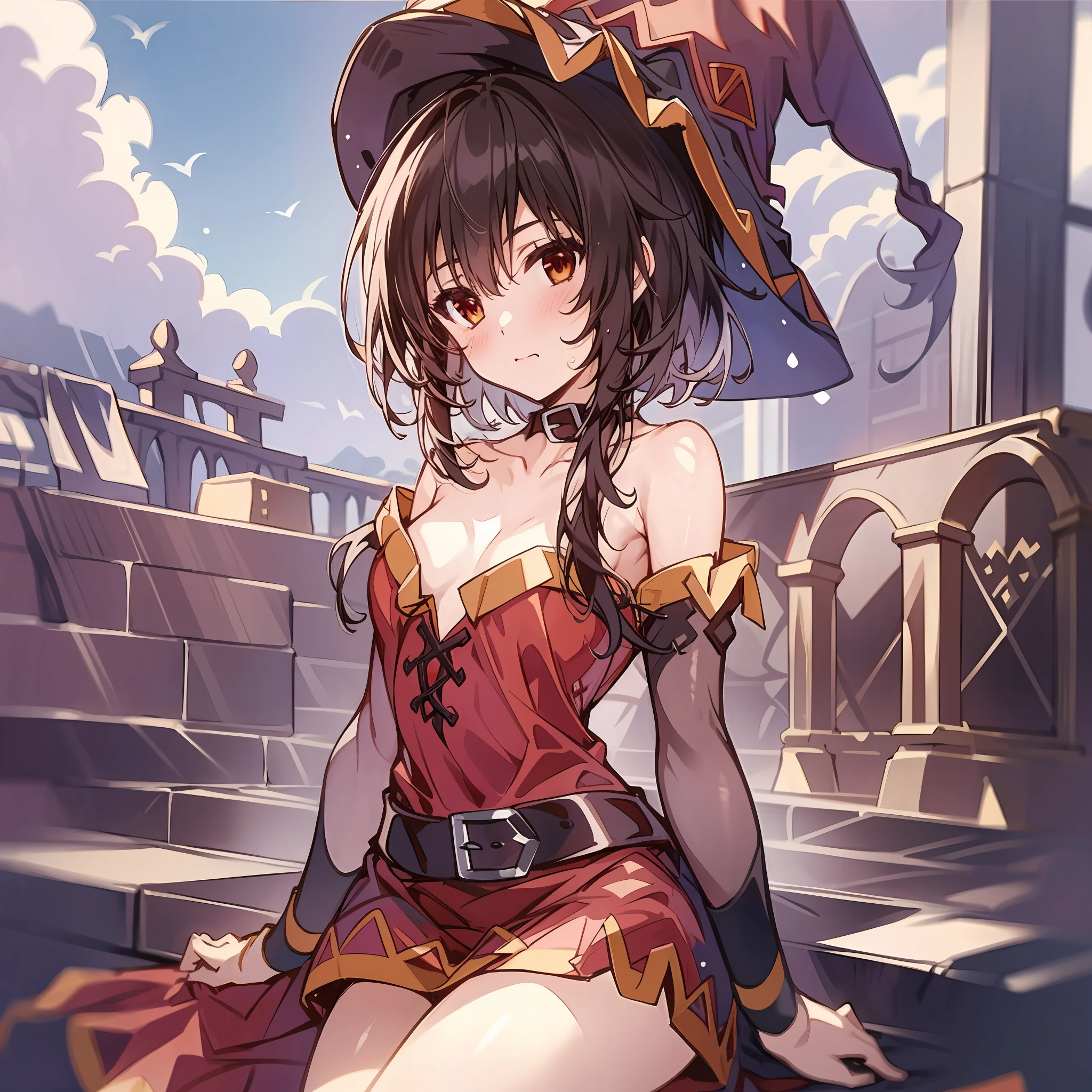 1 girl,​masterpiece,short hair,small tits,(top-quality),sitting on,(Megumin),Big witch's hat,(High Details),