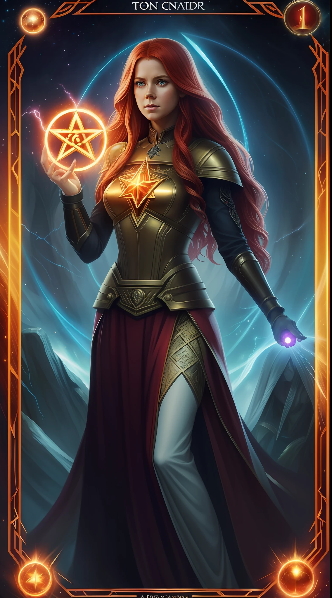 a woman holding a glowing ball in her hands, featured on cgsociety, fantasy art, very long flowing red hair, holding a pentagram shield, looks a bit similar to amy adams, lightning mage spell icon, benevolent android necromancer, high priestess tarot card, anime goddess, portrait of celtic goddess diana, featured on artstattion