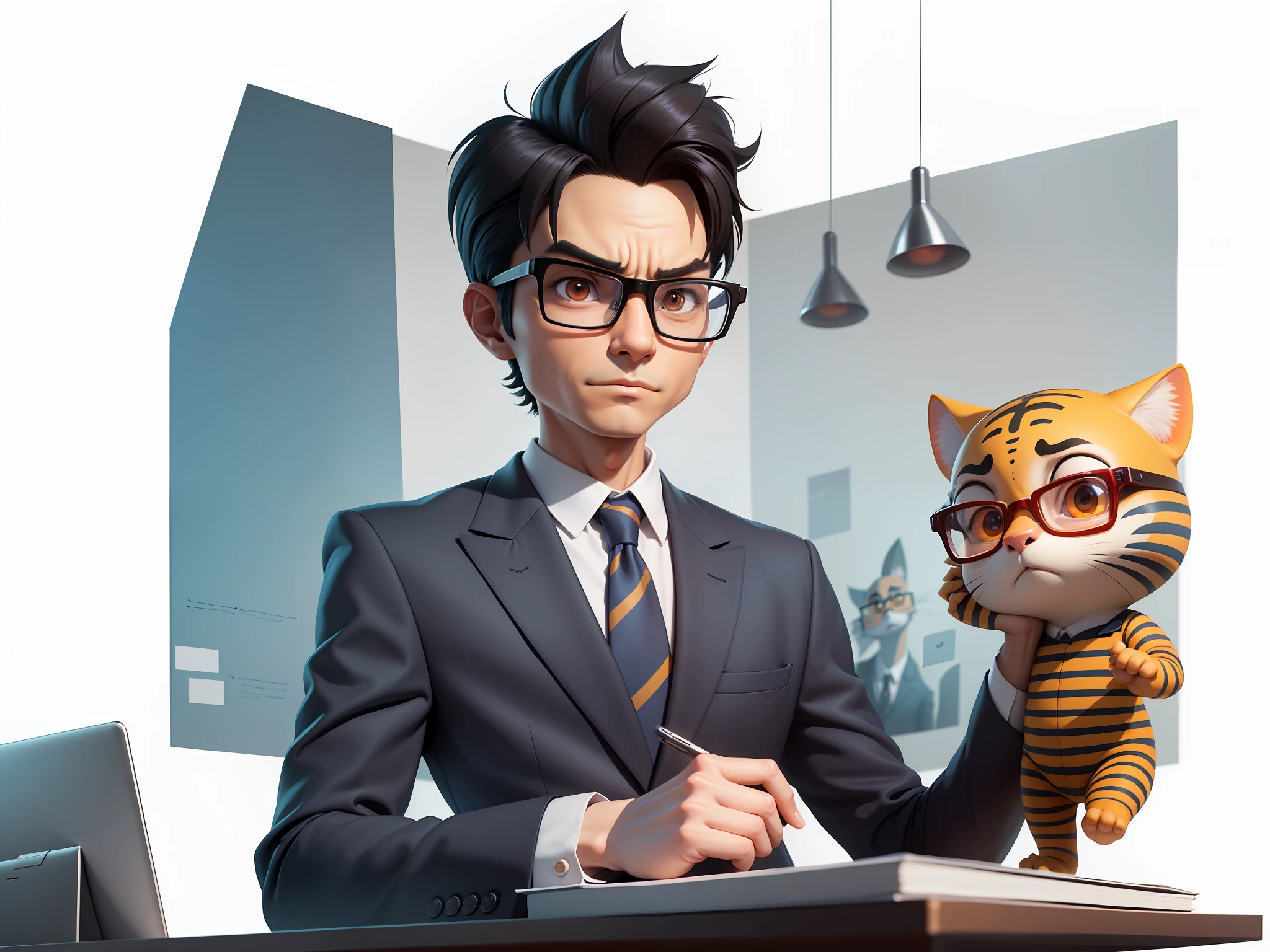 A young man in a suit, Short hair and glasses sat at his desk，holding laptop，digitial painting，tigre，3D character design by Mark Clairen and Pixar and Hayao Miyazaki and Akira Toriyama，4K HD illustration，Very detailed facial features and cartoon-style visuals。