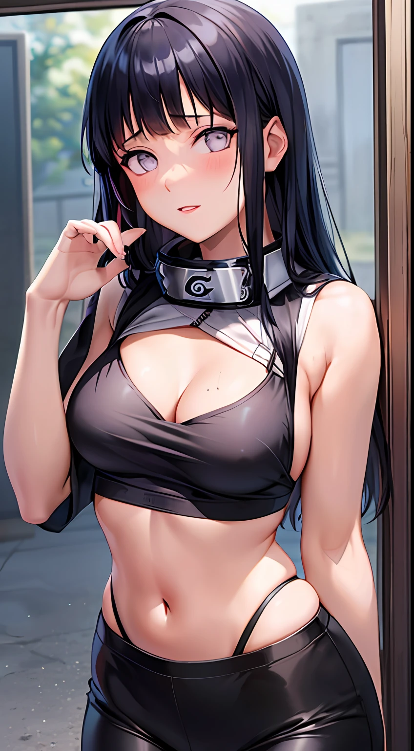 obra-prima, alto, alta qualidade, rosto detalhado, render corpo detalhado, 1girl, sozinho, hyuuga hinata, hinata-sleevless-outfit, middlebreasts, Small thorax, quadril largo, coxas grossas, top, barriga de fora, top, tampo da rede de pesca, Dark lips, no-bra, seios para fora, Dope, pernas grossas, standingn, de costas, Blushes, (no quarto), tight black legging pants
