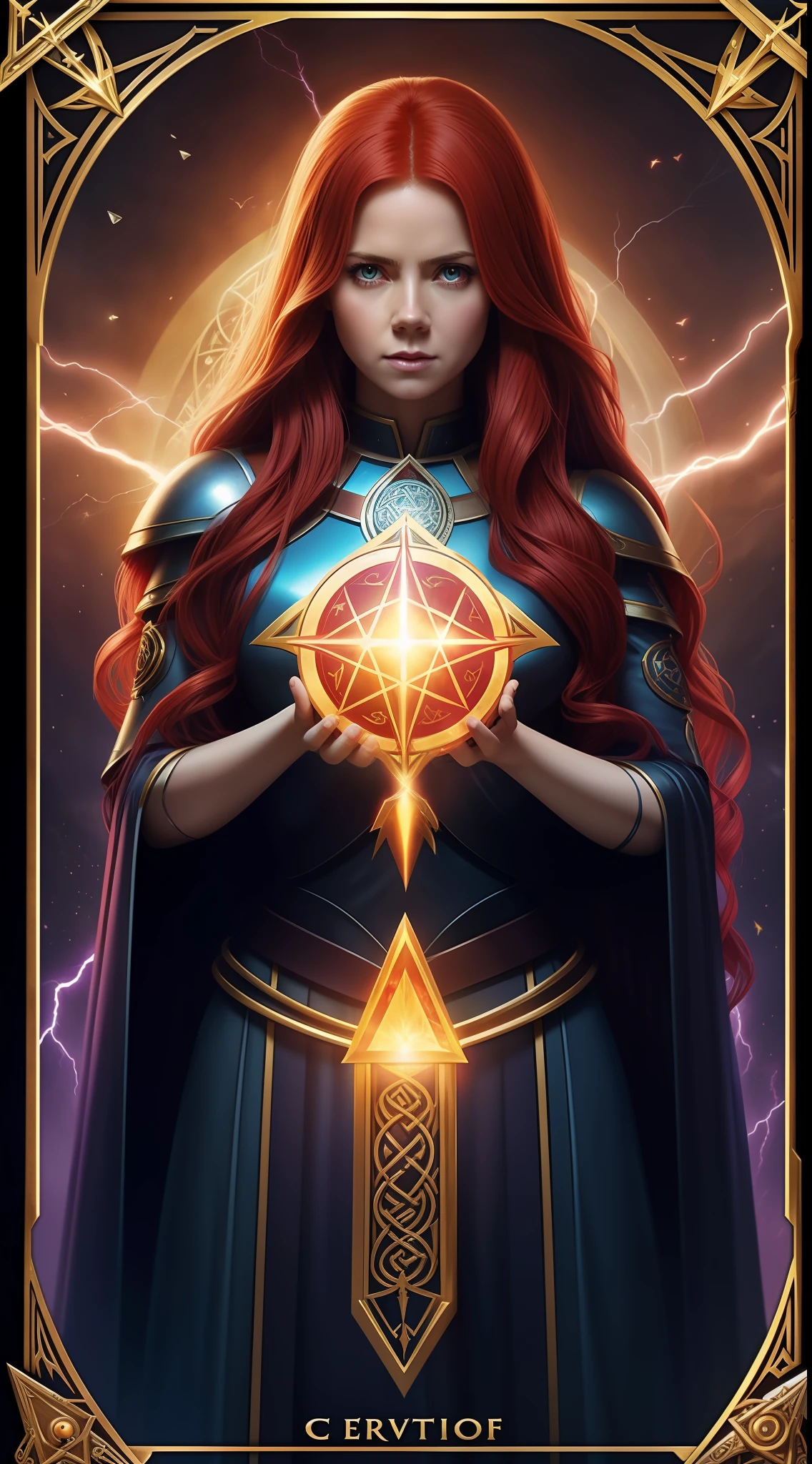 a woman holding a glowing ball in her hands, featured on cgsociety, fantasy art, very long flowing red hair, holding a pentagram shield, looks a bit similar to amy adams, lightning mage spell icon, benevolent android necromancer, high priestess tarot card, anime goddess, portrait of celtic goddess diana, featured on artstattion