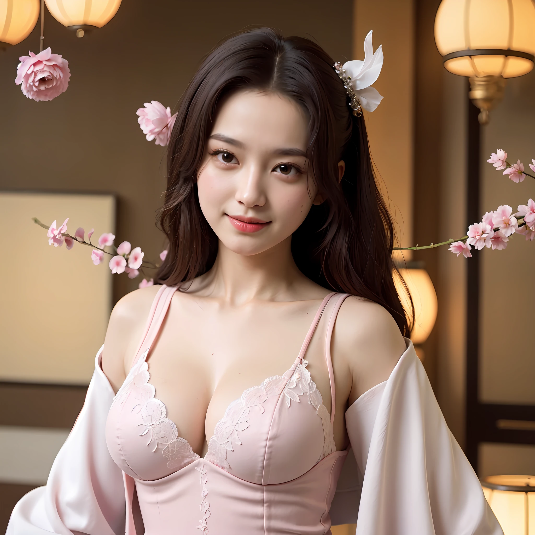 Best quality, Masterpiece,Upper body,(Carved wood screen),1 girl, Mature woman, Chinese style, Ancient China, Dancer, Smile, brunette color hair, Princess cut, Fried dough twisted braid, Coiled hair, Double ball head,Coiled hair,Streamers, Light pink lips, calm, huge boob, Red eyes, nipple tassels, Silver, Beads,peony flower, offcial dress, capes, Silk skirt, Embroidery, Fine face, facial closeups, Close-up of the hand,Colorful clothes,(Embroidered ball fan),Beautiful face,Photorealistic, rim lit, twotonelighting,(highdetailskin:1.2), 8K UHD, Digital SLR, Soft lighting, High quality, voluminetric lighting, photographed, high resolution, 4K, 8K, Bokeh