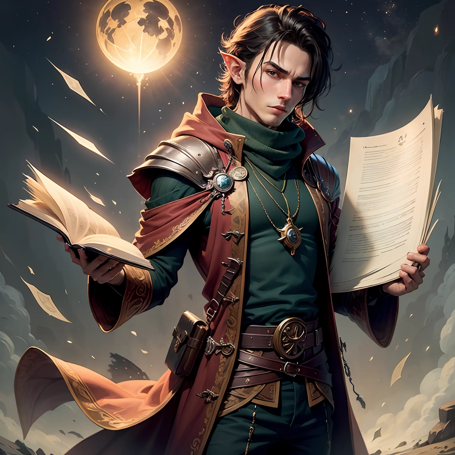 Um elfo no universo de D&D male wizard in manga style with a grimoire in hand. --auto