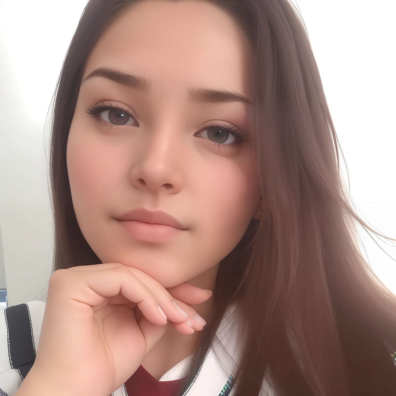 There's a long-haired woman wearing a striped shirt, Ayahausca, 18 anos, imagem frontal, sem maquiagem, 1 8 I, rosto perfeito ), Foto selfie 8k, lovingly looking at camera, Ekaterina, cabelos castanhos e olhos grandes, she's facing the camera, Foto realista, staring directly at camera