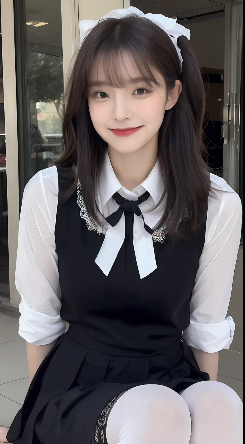 (1 Korean star with royal sister style), ((Best quality, 8K, 巨作: 1.3)), focal point: 1.2, Perfect body proportions: 1.4, (Make a smile), (Ray traching),Watery eyes, Highly Detailed Face and Skin Textur, Fine eyes, Double eyelids, Whitens the skin, (French bangs: 1.3), (face round: 1.5), (JK school uniform: 1.4), (Lace view: 1.6),(Black over-the-knee stockings: 1.4),(J College style:1.4),(Extremely perfect legs),(Decoration on the head:1.3)