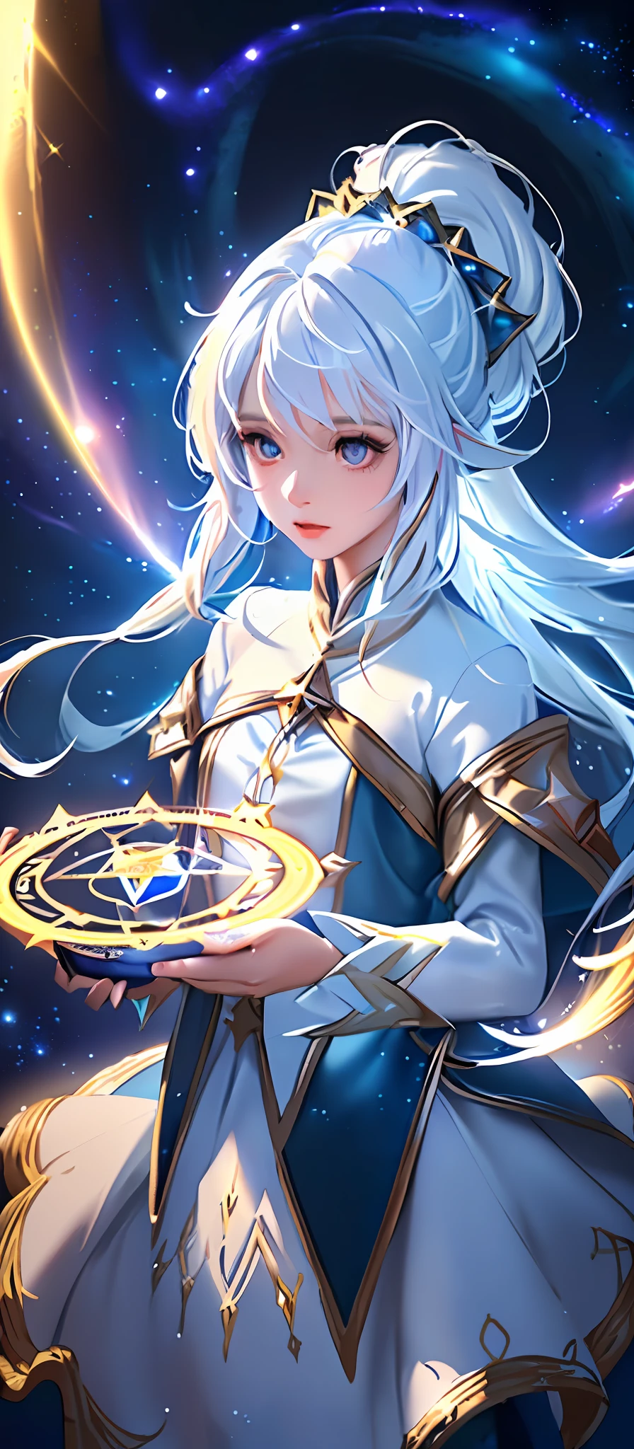 (Highest picture quality), Perfect face,(Master's work), (Ultra-detailed), 1girll,Solo ,mages,the wall,A magic book with light,((magical )),((Magical Circle:1.2)),(White hair, Striped hair, Colored inner hair, Long hair,High ponytail), (ether colorful ink flowing:1.3), From below,(( Gorgeous starry sky background)),