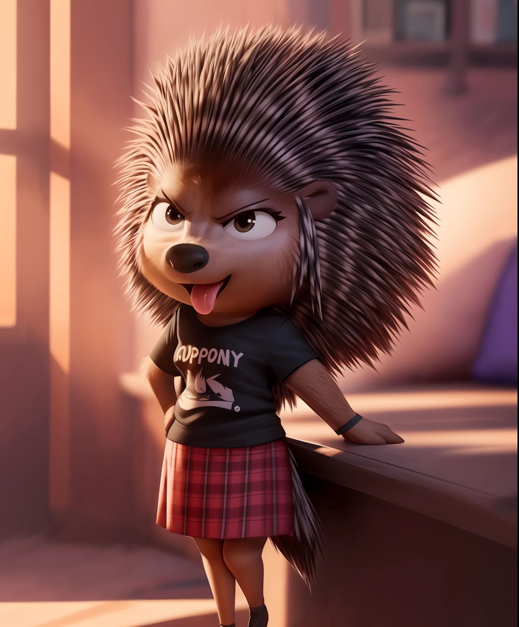 (by qupostuv35:1.2), female, (Detailed face), (solo:1.1), (more details:1.1), ((anthro, humanoid)), [(thin:1.1) : small petite : (ash porcupine:1.2):4], (Detailed face), (anthropomorphic legs, anthropomorphic hands:1.1), (solo), (detailed background:1.1), print on t-shirt, skirt, smile, protruding tongue, (angry),