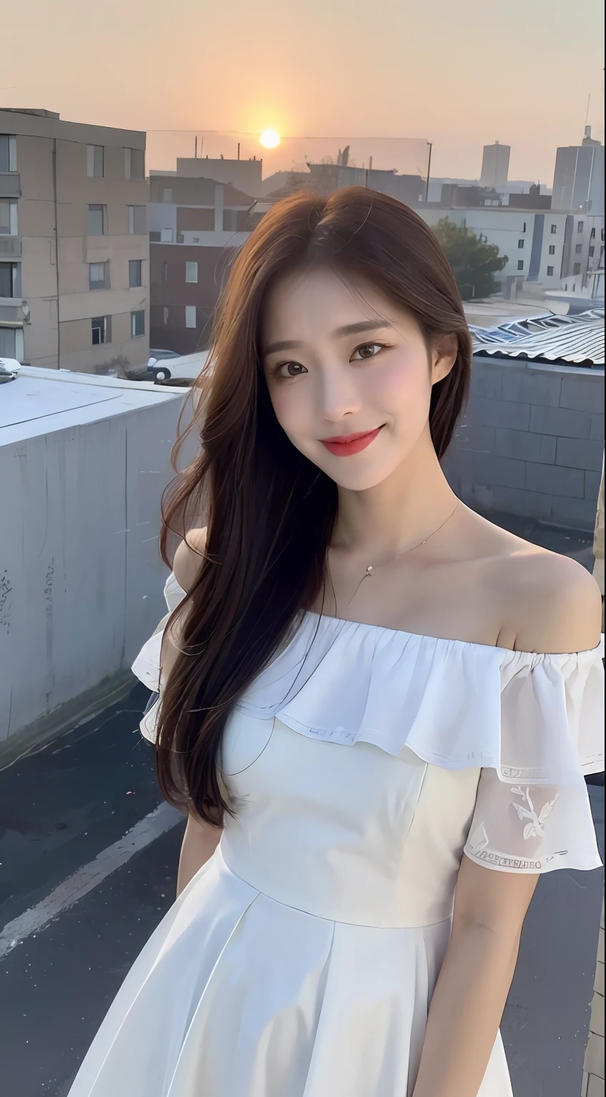 (1 Korean star with royal sister style), ((Best quality, 8K, Masterpiece: 1.3)), focal point: 1.2, Perfect body proportions: 1.4, (Make a smile), (Sunset: 1.3), Watery eyes, Highly Detailed Face and Skin Textur, Fine eyes, Double eyelids, Whitens the skin, (long whitr hair, Air bangs: 1.3), (Round face inches: 1.5), (Off-the-shoulder dress: 1.4), (Standing on the roof: 1.6),(white stockings: 1.4),(film grain style:1.3),a sense of atmosphere