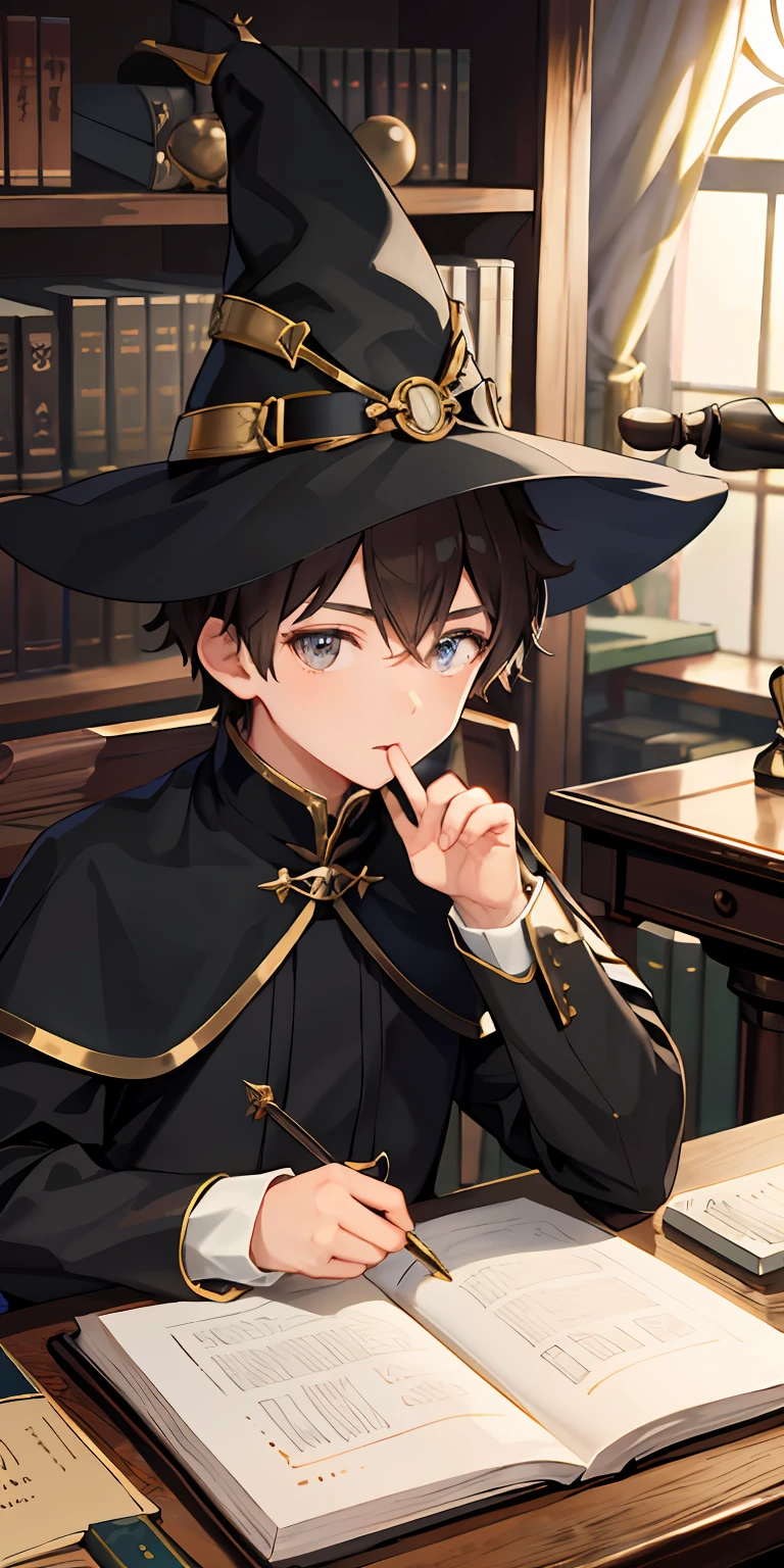 1boys,Shota,Handsome face,brunette color hair,Large spire mage hat,Dimly lit library,oil lamp,Study desk,Sewing,textile