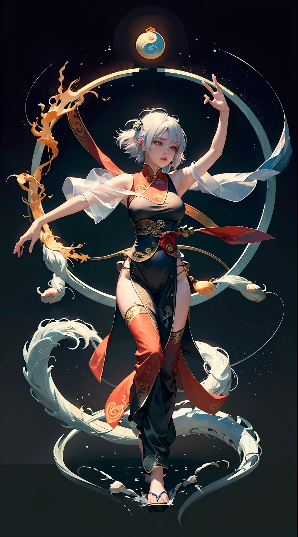 (harmony, balance, yin-yang), Chinese silk painting, Tai Chi principles, fluid motion, interconnected elements, the interplay of contrasting forces, Daoist philosophy, a touch of the I Ching, warm and cool color palette, reflective art, inspired by Laozi, Zhuangzi,  Yin Yang diagrams, Taijitu, the Bagua, the fusion of the spiritual and the physical,1girl,solo, grabbing breasts,, daoist, summon magic,  cinematic lighting,  fire and ice split, bagua background, circular bagua, yi yang, daoist practice, mediation sit, buddha sit,  spiral loong, cloud loong at the top,