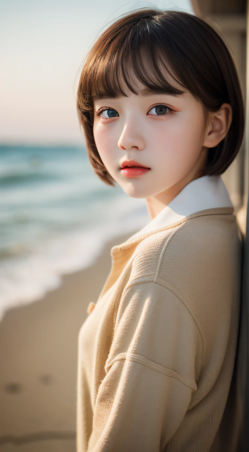 masterpiece, best quality, raw photo, photorealistic, seaside, full body, beautiful girl, cute, short hair, depth of field, high resolution, ultra detail, fine detail, highly detailed, highly detailed eyes and face, sharp pupils, realistic pupils, sharp focus, cinematic lighting