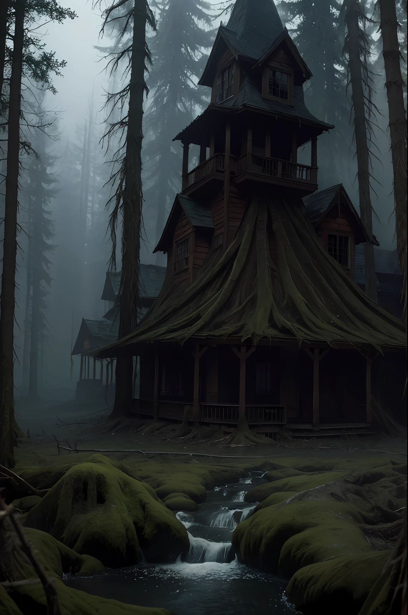 "Horror theme, horrifying, dark forest, foggy, creepy aura, eerie atmosphere, pleasant stream of water, no humans, (masterpiece, extremely detailed, best quality, intricate,) landscape."