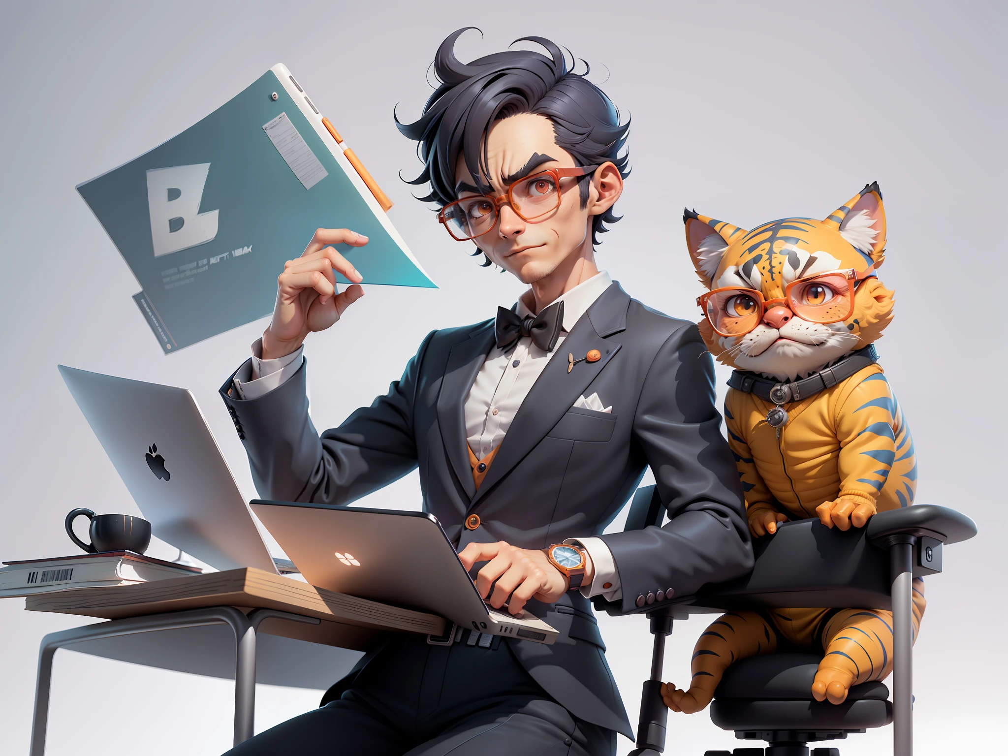 A young man in a suit, Short hair and glasses sat at his desk，holding laptop，digitial painting，tigre，3D character design by Mark Clairen and Pixar and Hayao Miyazaki and Akira Toriyama，4K HD illustration，Very detailed facial features and cartoon-style visuals。