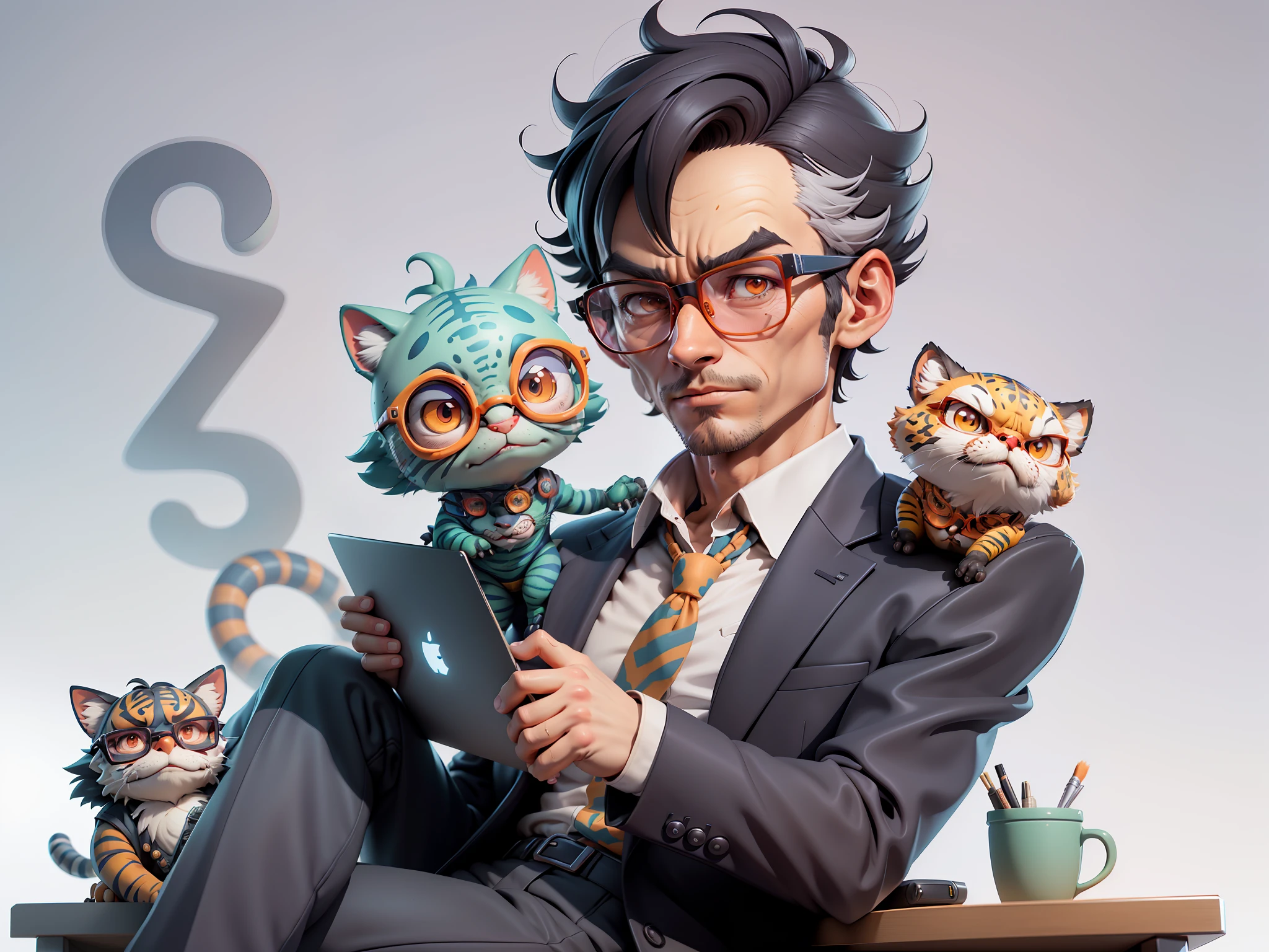 A young man in a suit, Short hair and glasses sat at his desk，holding laptop，digitial painting，tigre，3D character design by Mark Clairen and Pixar and Hayao Miyazaki and Akira Toriyama，4K HD illustration，Very detailed facial features and cartoon-style visuals。