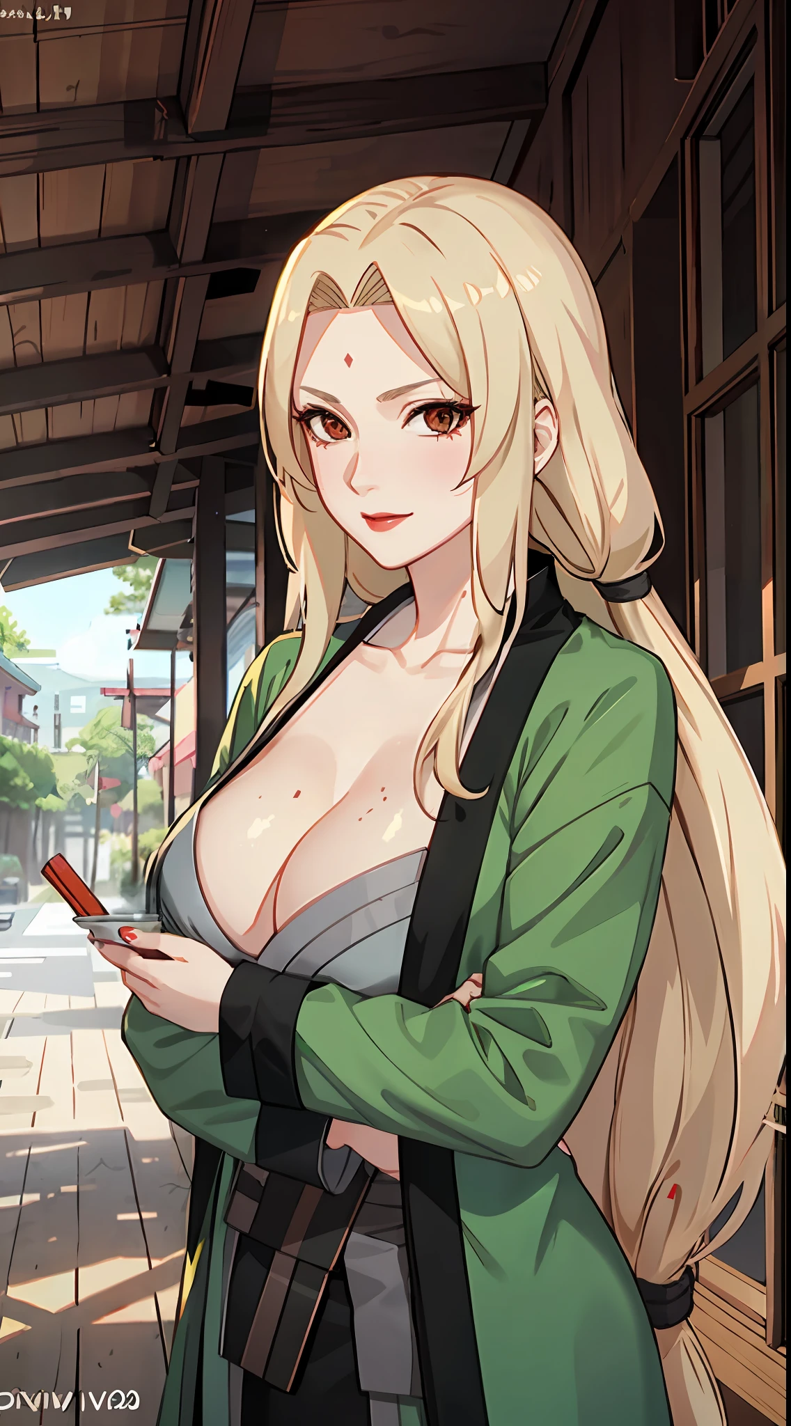 Tsunade，is shy，one-girl，blond hairbl，long whitr hair，with brown eye，Red lips，lipsticks，pub，ssmile，Be red in the face，Green coat，Close-up，drink，Piva，sitted，Portrait photo，sfw