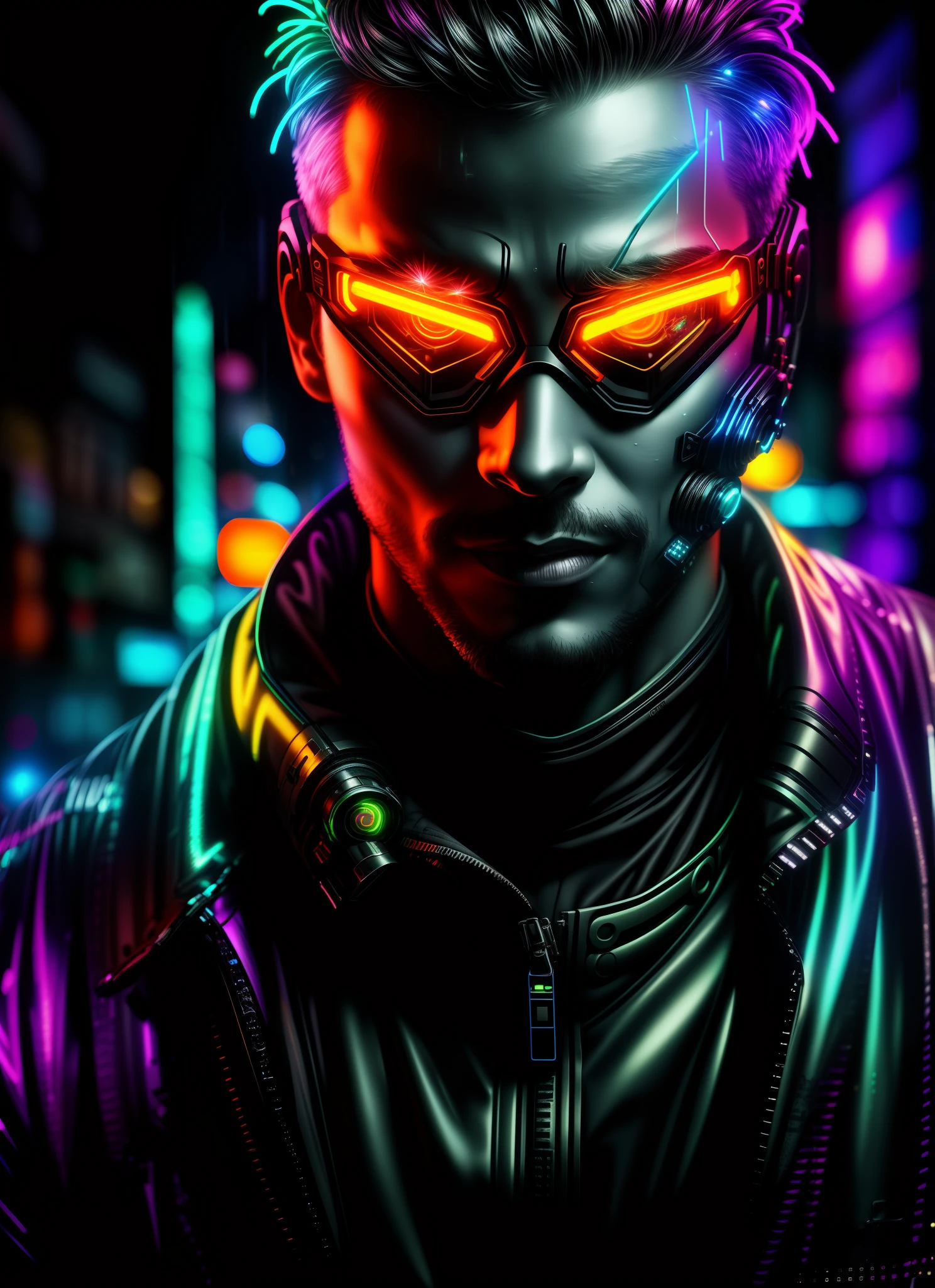 An award winning master piece photo of a cyborg man with psychedelic colors standing in a city street at night in the rain, wearing neon-colored glowing goggles, 8k, (high quality:1.1), (cinematic feeling:1.1), dark deep shadows, incredibly intricate detailing, art , (up close:1.1), from above, looking at viewer, (light sparkles:1.1), (chromatic aberration,:1.2) background with floating light artifacts