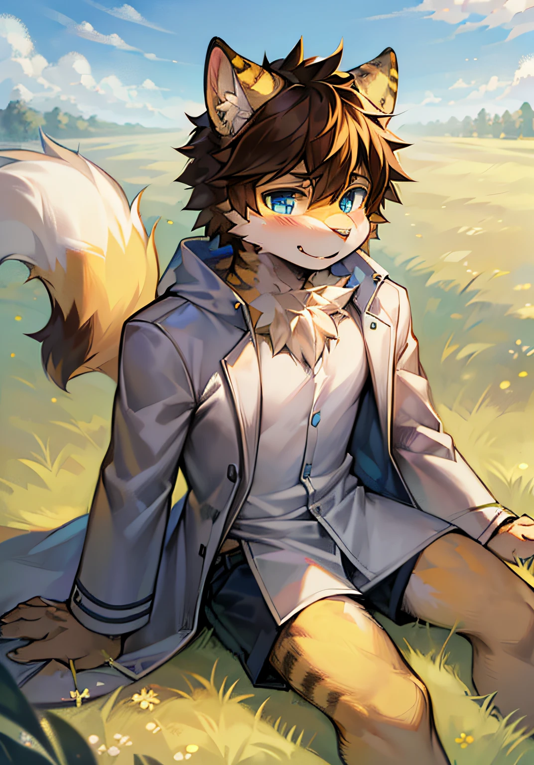 eyes with brightness, in a panoramic view, Character focus.(detailedbackground:0.7), 独奏, shaggy, shaggy male, anthr,(Full Body Furry, Fluffy tail, Yellow fur, blue color eyes, Thinning brown hair,No ,Casual white coat:1.2), (felid:1.2),(In the daytime、grassy fields:1.1)