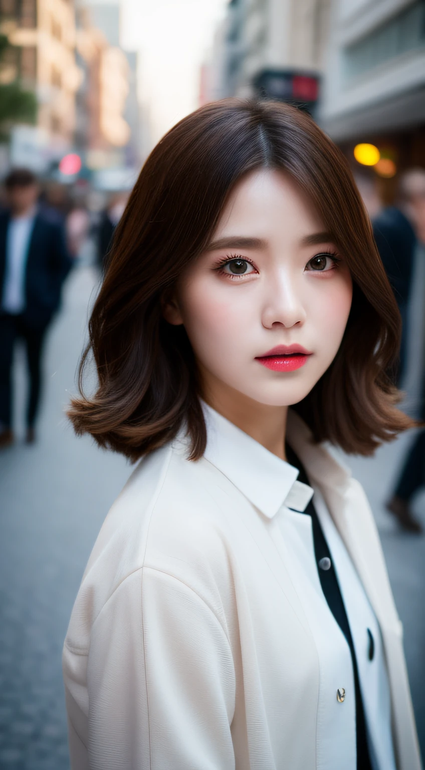​masterpiece, top-quality, Raw foto, Photorealsitic, full body Esbian、 beautiful a girl, cute little, shorth hair, depth of fields, hight resolution, ultra-detailliert, finely detail, ighly detailed, extremely detailed eye and face, Sharp pupils, Realistic pupils, foco nítido, Cinematic lighting、small tits、In the street、Casual wear