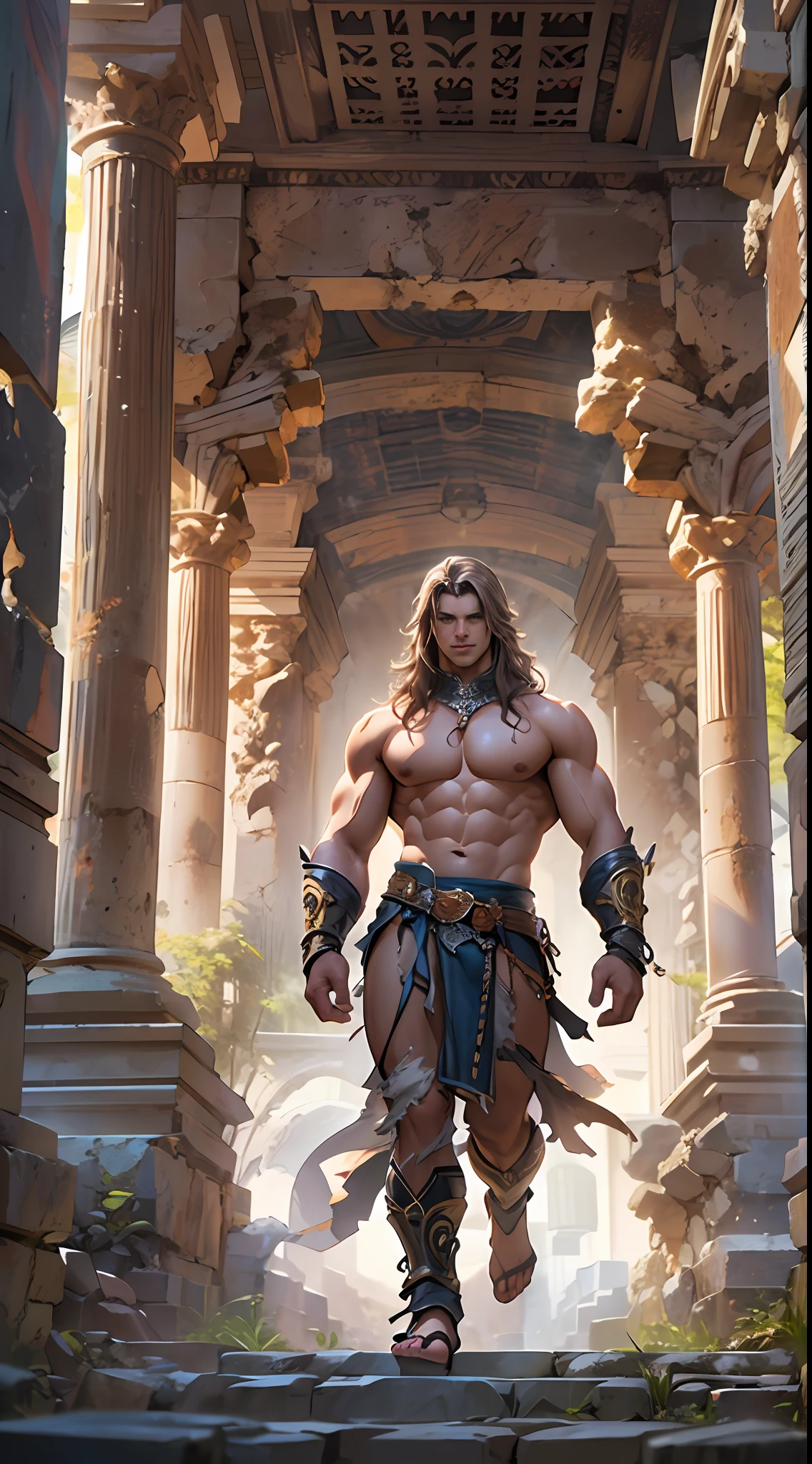 Ripped hero, shirtless upper body, legs revealed from thighs to feet, cascading long curls, intricate muscular details, photorealistic artwork, 4K resolution. Background: Mystic ancient ruins with glowing symbols,32k uhd, best quality, masterpiece, super detail, high details