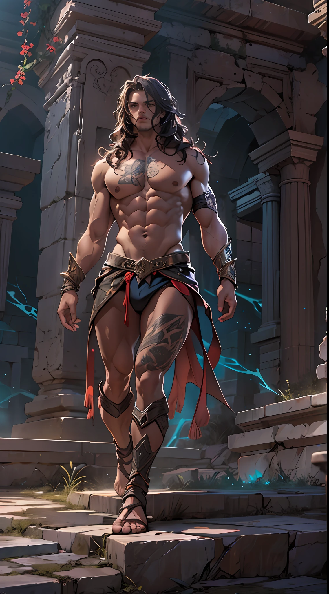 Ripped hero, shirtless upper body, legs revealed from thighs to feet, cascading long curls, intricate muscular details, photorealistic artwork, 4K resolution. Background: Mystic ancient ruins with glowing symbols,32k uhd, best quality, masterpiece, super detail, high details