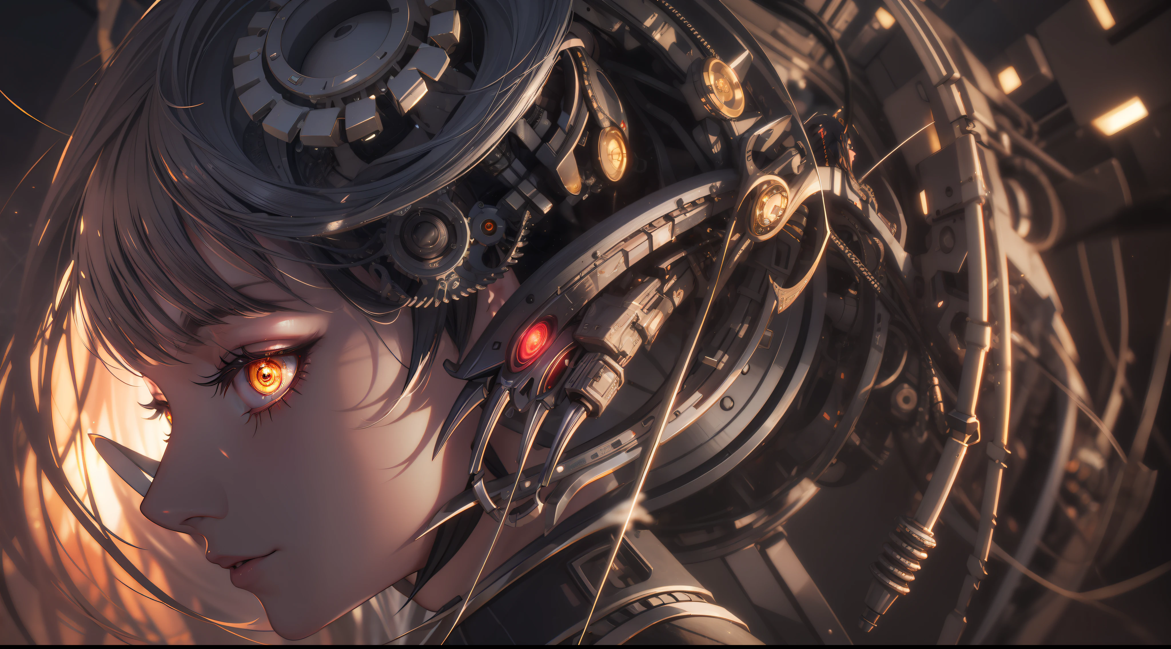 1mechanical girl,((ultra realistic details)), portrait, global illumination, shadows, octane render, 8k, ultra sharp,metal,intricate, ornaments detailed, cold colors, egypician detail, highly intricate details, realistic light, trending on cgsociety, glowing eyes, facing camera, neon details, machanical limbs,blood vessels connected to tubes,mechanical vertebra attaching to back,mechanical cervial attaching to neck,sitting,wires and cables connecting to head