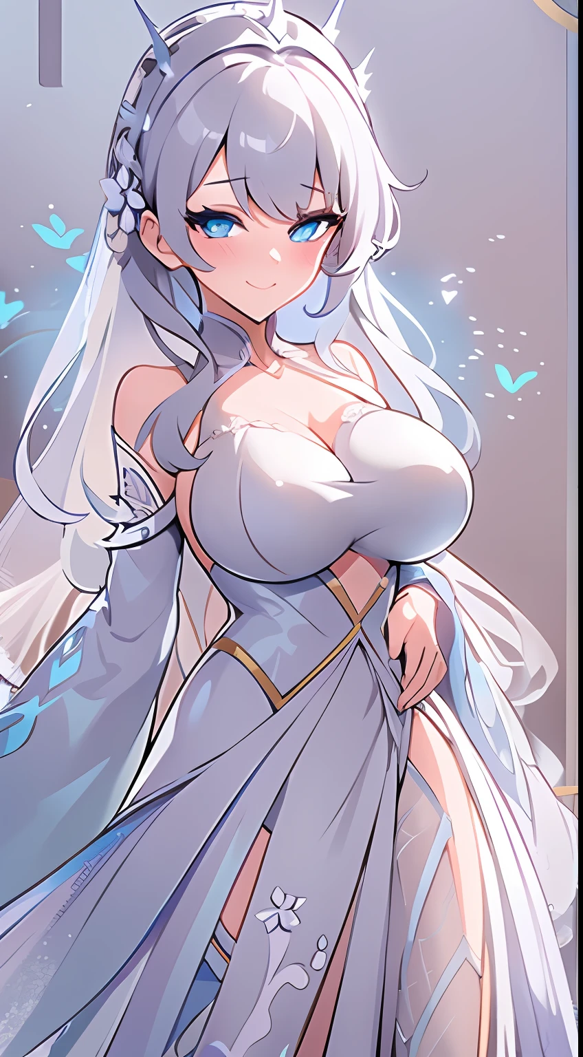 1 girl, bride gown, full_body, silver hair, ultra detailed, 4k rendering, art station, expressive eyes, cute face, big breast, blush face, blue eyes, anime style, soft light, simple background, expresive face, adult face, smile,