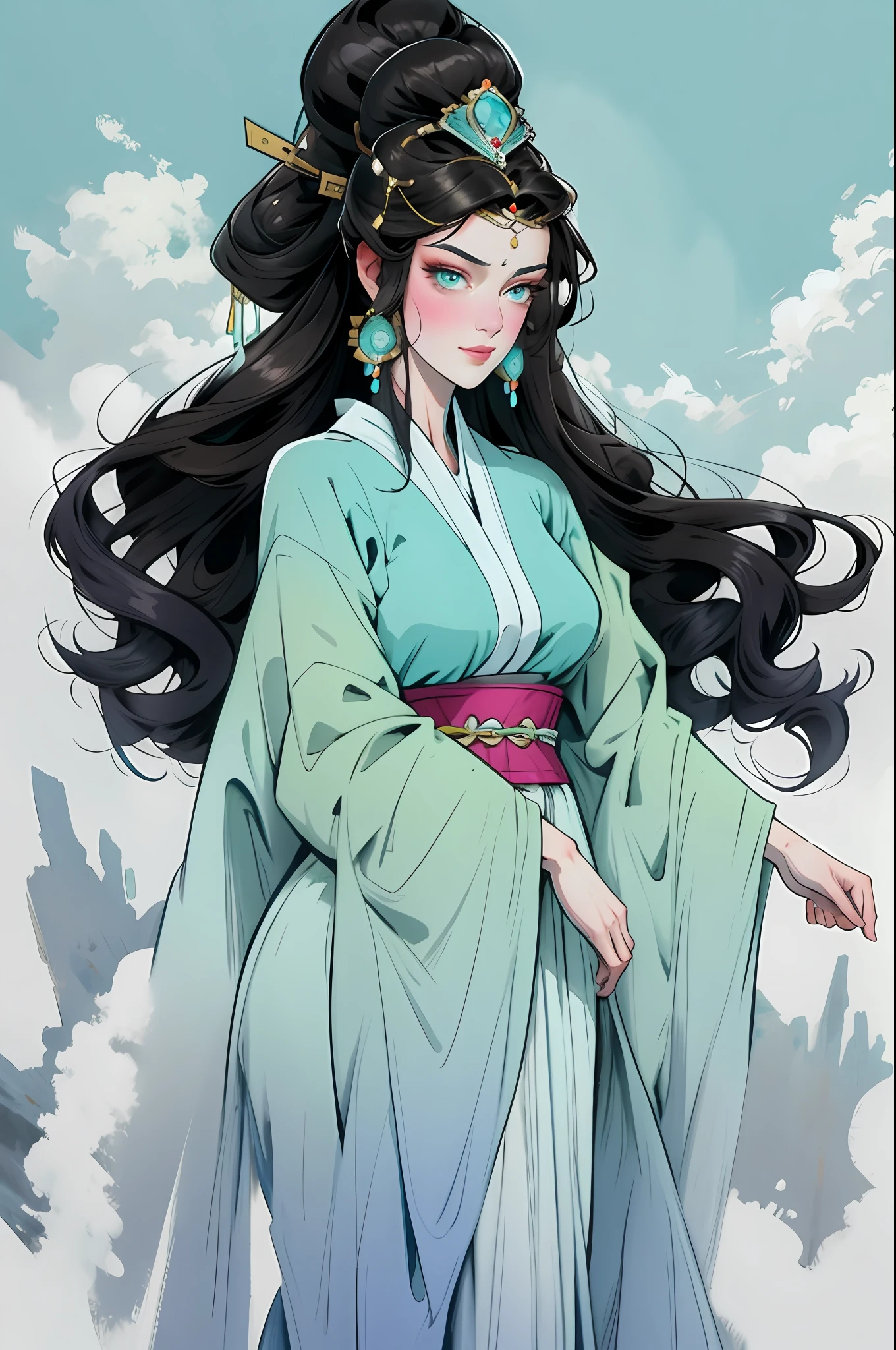 （Beautiful girl in cyan clothes），Full body standing painting，Wide sleeves，Big bright eyes，Beautiful face and smooth fair skin，s delicate face，brunette color hair，An ancient Chinese beauty，wearing ancient Chinese costume，gossamer，head gear，Colorful colors、Vivid and bright colors，digital illustrations，（clean backdrop），Ink painting style，Clean colors，tmasterpiece，Ultra-delicate，Epic composition，HighestQuali，4K