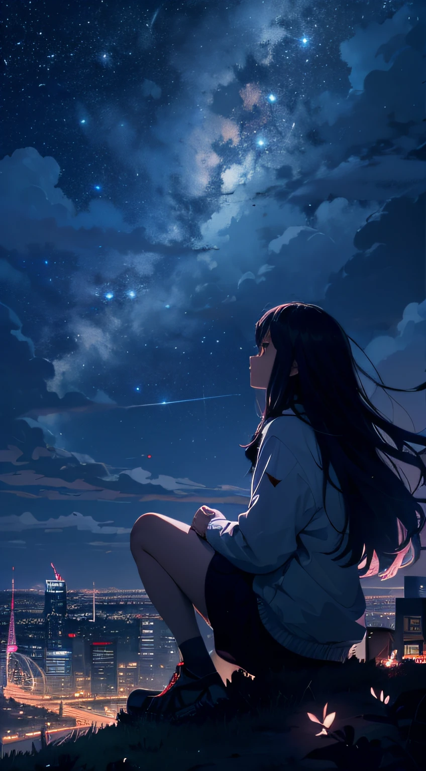 octans, sky, star (sky), scenery, starry sky, night, 1girl, night sky, solo, outdoors, building, cloud, milky way, sitting, tree, long hair, city, silhouette, cityscape