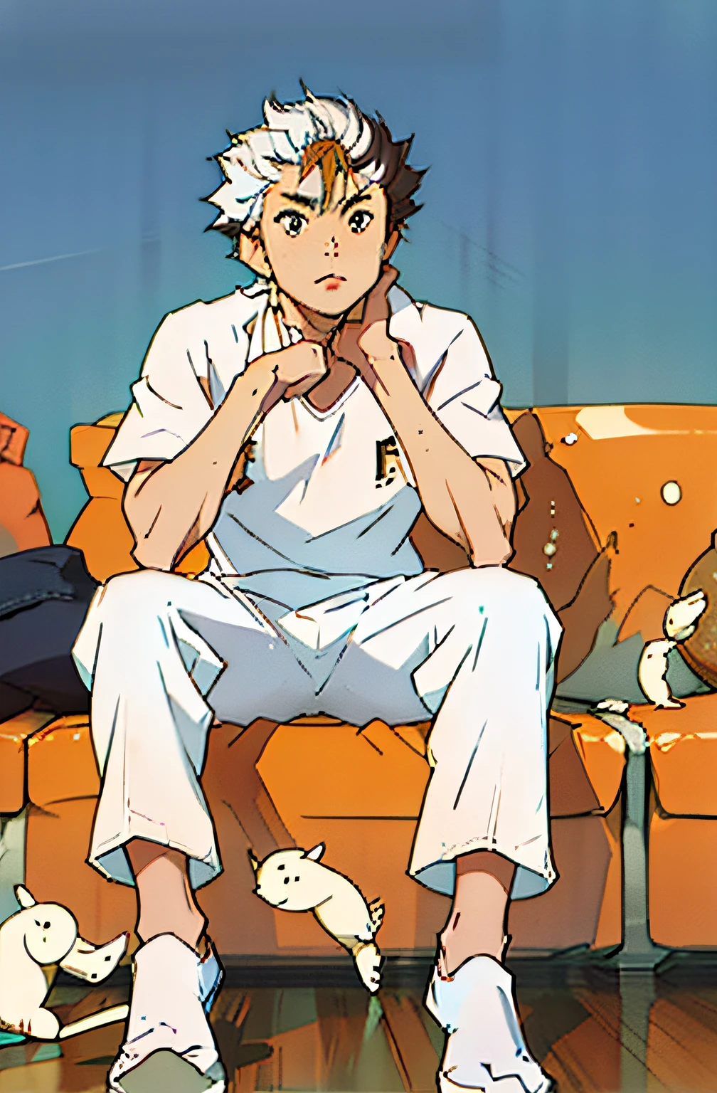 The Arafed man sat on the sofa,Hold your chin with both hands, South Korean male, wearing white pajamas, thin young male, young man with short, sit on a bed, sitting in the couch, sitting in bedroom, sitting in the couch, Sitting on the sofa, sitting in the couch, cute young man, thinking pose
