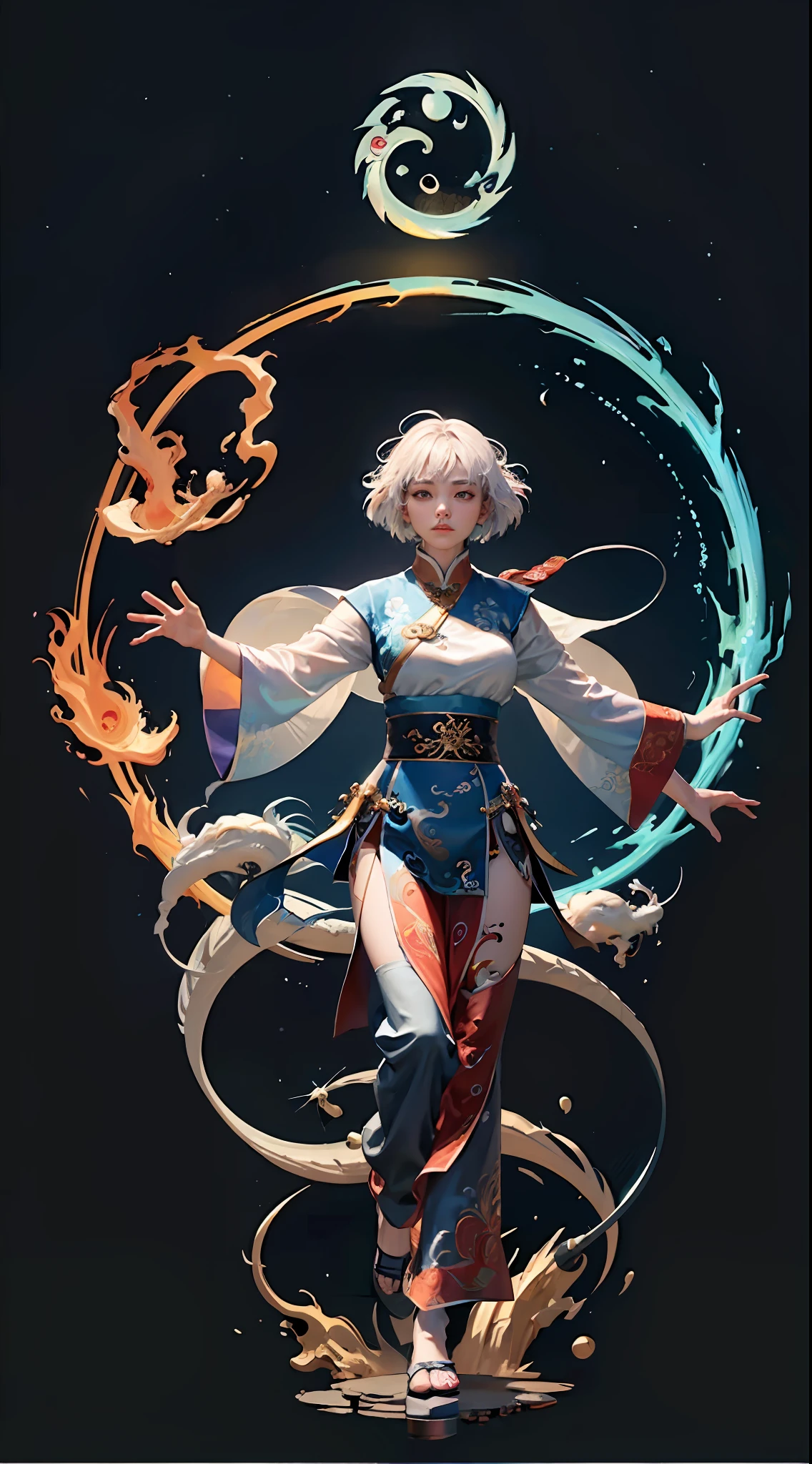 (harmony, balance, yin-yang), Chinese silk painting, Tai Chi principles, fluid motion, interconnected elements, the interplay of contrasting forces, Daoist philosophy, a touch of the I Ching, warm and cool color palette, reflective art, inspired by Laozi, Zhuangzi, Yin Yang diagrams, Taijitu, the Bagua, the fusion of the spiritual and the physical,1girl,solo, grabbing breasts,, daoist, summon magic, cinematic lighting, fire and ice split, bagua background, circular bagua, yi yang, daoist practice, mediation sit, buddha sit, spiral loong, cloud loong at the top,