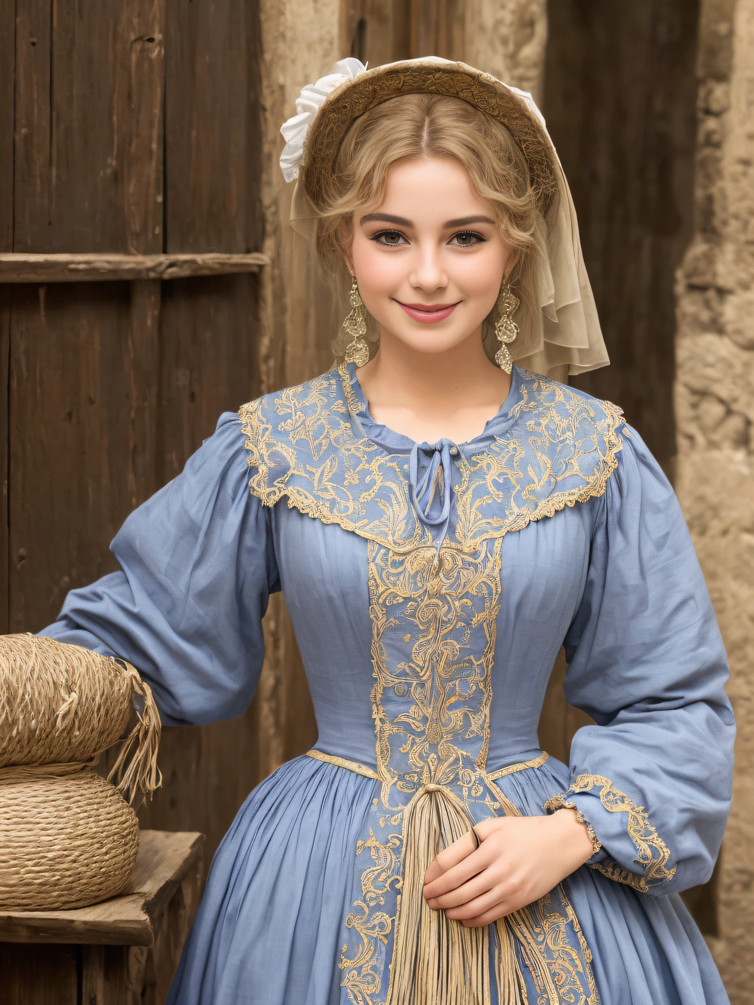 Foto de arte da mulher SKS, vestido medieval, 18th century, sensual, seios grandes, bicos seios, em uma aldeia, sorridente, Feliz