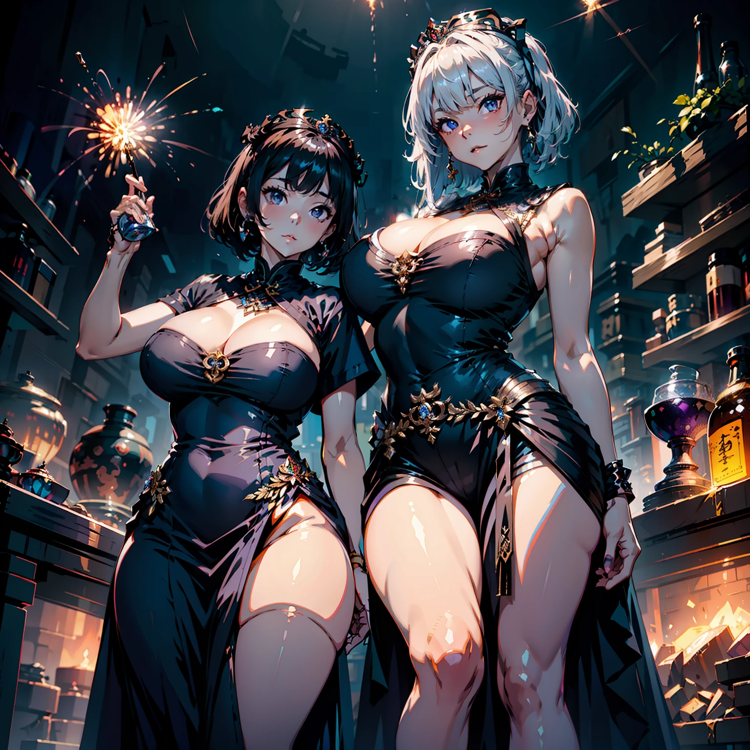Purple short sleeves,Black tunic,Huge,long skirt,Bigchest,Raised sexy,exquisitedetails,Perfect details,sideface,White shirt,short detailed hair,nedium breasts,largeeyes,Black eyes,Sparkle,edge lit,long eyelasher,Based on physical rendering,adolable,Lateral face,with a round face,ssmile,firework background,Extremely quality,tmasterpiece,Need,Overlooking the eve of Chang'an, Gorgeous tiara