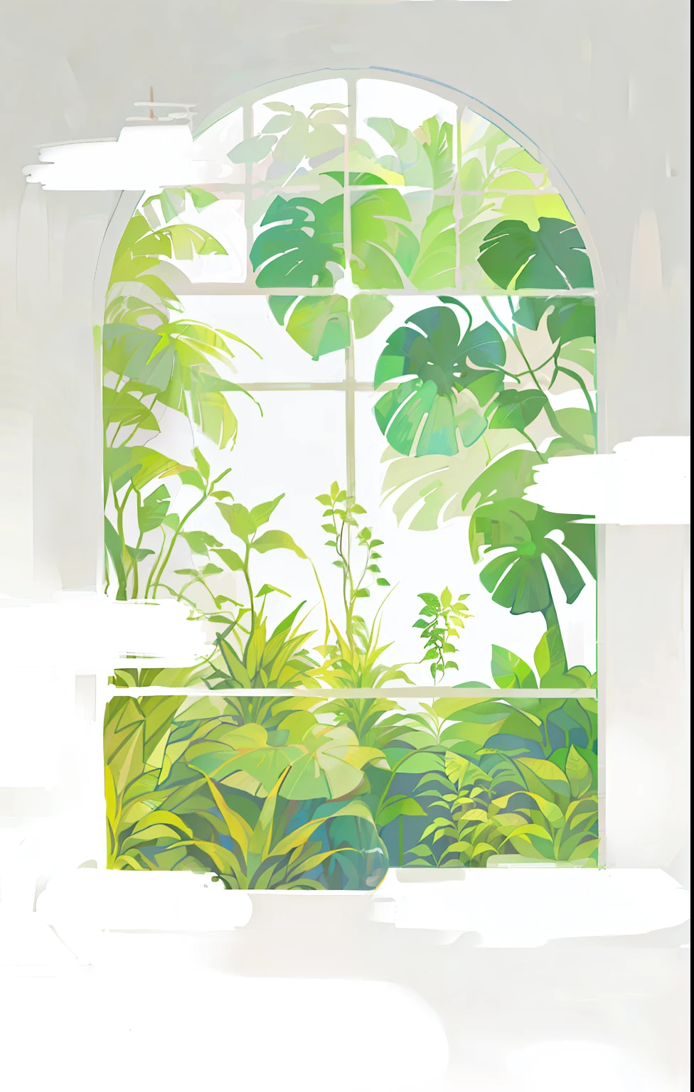The windows offer views of the tropical garden, plants and jungle, dreamlike illustration, verdant plants, a paper cutout garden, floral environment, Nature outside, plants everywhere, window, window open, looking out, Poster illustration, full page illustration, with a garden, 2d matte illustration, Watercolor illustration style, airy landscape, environment design illustration, green jungle