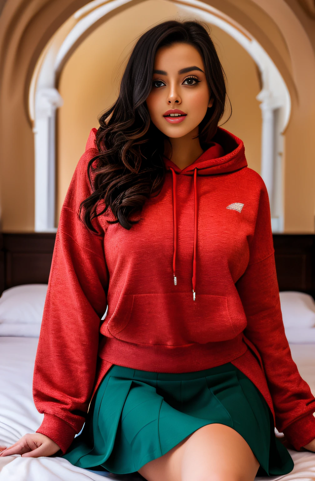 photo of alluring Abigail beautiful woman curvy sparkling, laying on Moroccan bed in riad arches, sparkling moroccan lamps, red hoodie skirt (masterpiece) (best quality) (detailed) (8k) (HDR) (wallpaper) (cinematic lighting) (sharp focus) (intricate)