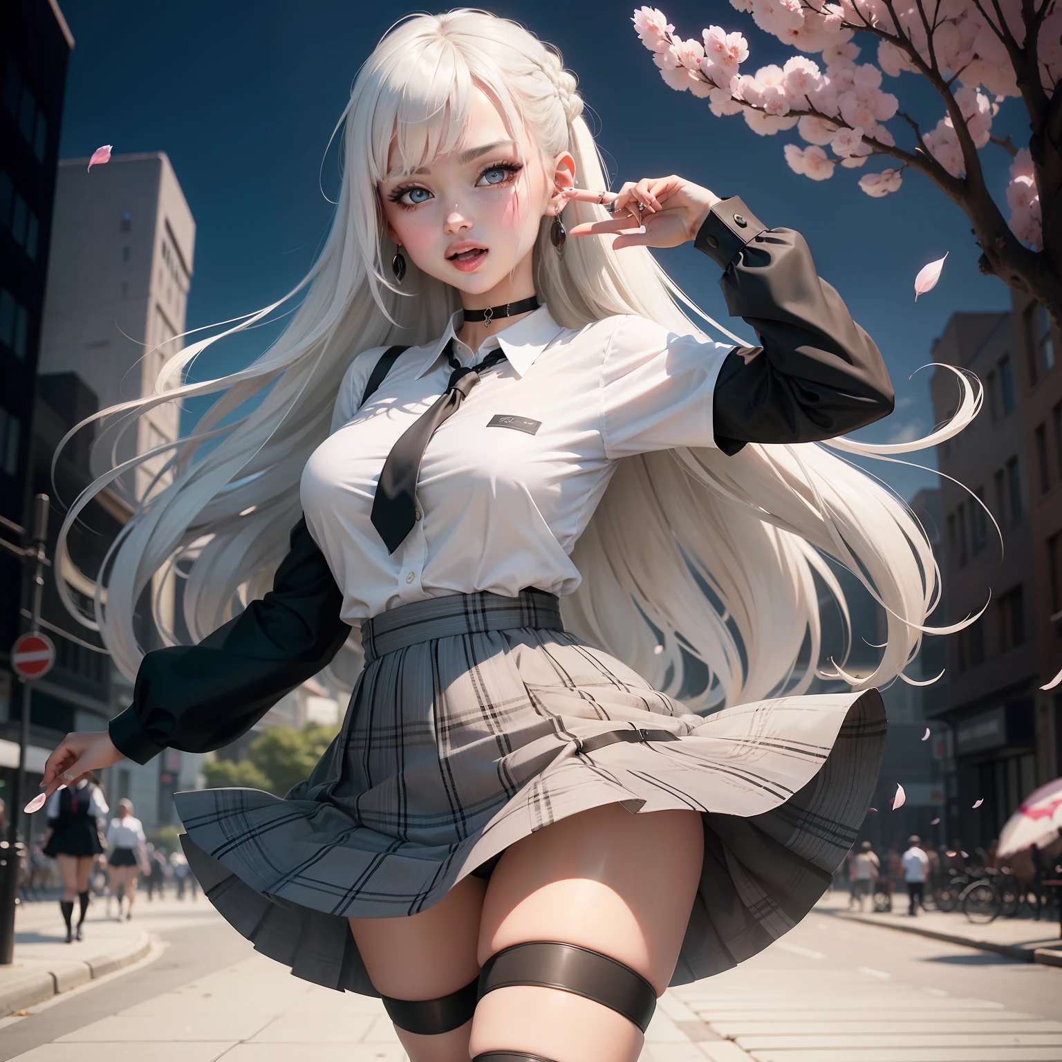 Masterpiece, Superb Piece, Full Body, 1girl, Bangs, Black Choker, Black Tie, White Hair, Blue Skirt, Blush, Bracelet, Beautiful Breasts, Choker, Waist Dress, Collarbone, Collared Shirt, Denim Photos, Dress Shirt, Ear Piercings, Eyebrows Visible Through Hair, Gradient Hair, Grin, Gyaru, Jewelry, Kogal, Long Hair, Look at the Audience, Loose Tie, Tie, Piercing, Plaid Skirt, Plaid Skirt, Pleated Skirt, Red Eyes, Ring, School Uniform, Shirt, Skirt, Solo, white shirt, street, sky, cherry blossoms, petals, illustration, (magazine: 1.3), (cover style: 1.3), fashion, woman, vibrant, dress, pose, front, colorful, dynamic, background, element, confident, expressive, holding, statement, attachment, majestic, coiled, surround, touch, scene, text, cover, bold, eye-catching, title, fashion, font, catchy, title, bigger, eye-catching, modern, stylish, focused, stylish, black stockings, eyes turned up, cheeks flushed, Open mouth and stick out tongue, there is white liquid on the face