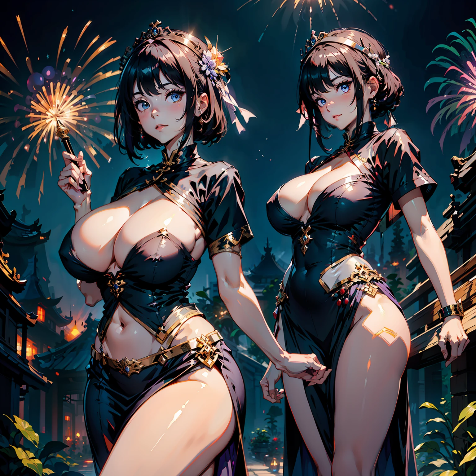 Purple short sleeves,Black tunic,Huge,long skirt,Bigchest,Raised sexy,exquisitedetails,Perfect details,sideface,White shirt,short detailed hair,nedium breasts,largeeyes,Black eyes,Sparkle,edge lit,long eyelasher,Based on physical rendering,adolable,Lateral face,with a round face,ssmile,firework background,Extremely quality,tmasterpiece,Need,Overlooking the eve of Chang'an, Gorgeous tiara