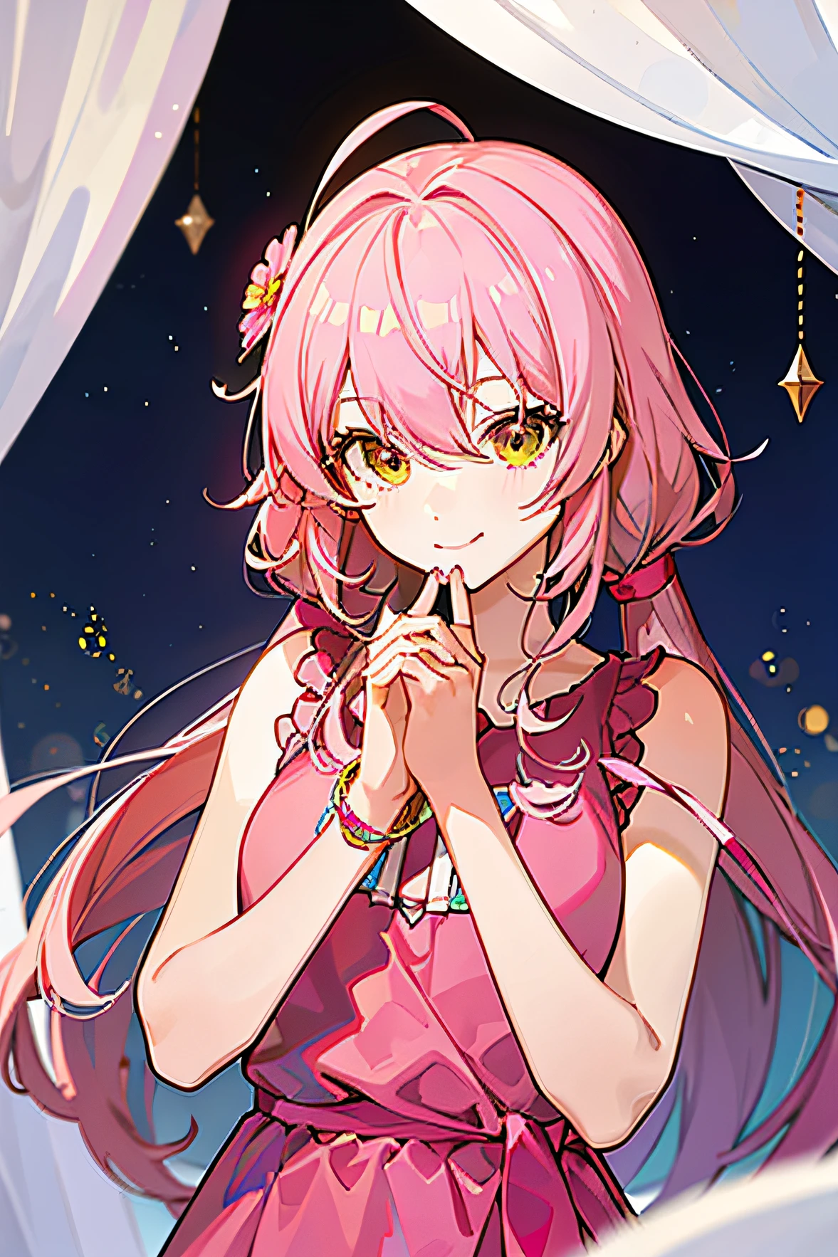 ,(Masterpiece:1.2, High quality), (Pisif:1.4),aki,:3,uwu,
jougasaki mika, 1girll, curtain grab, Pink hair, Solo, view the viewer, Curtains, Smile, Long hair, hair between eye, Yellow eyes, , parted lip, bangs, Upper body