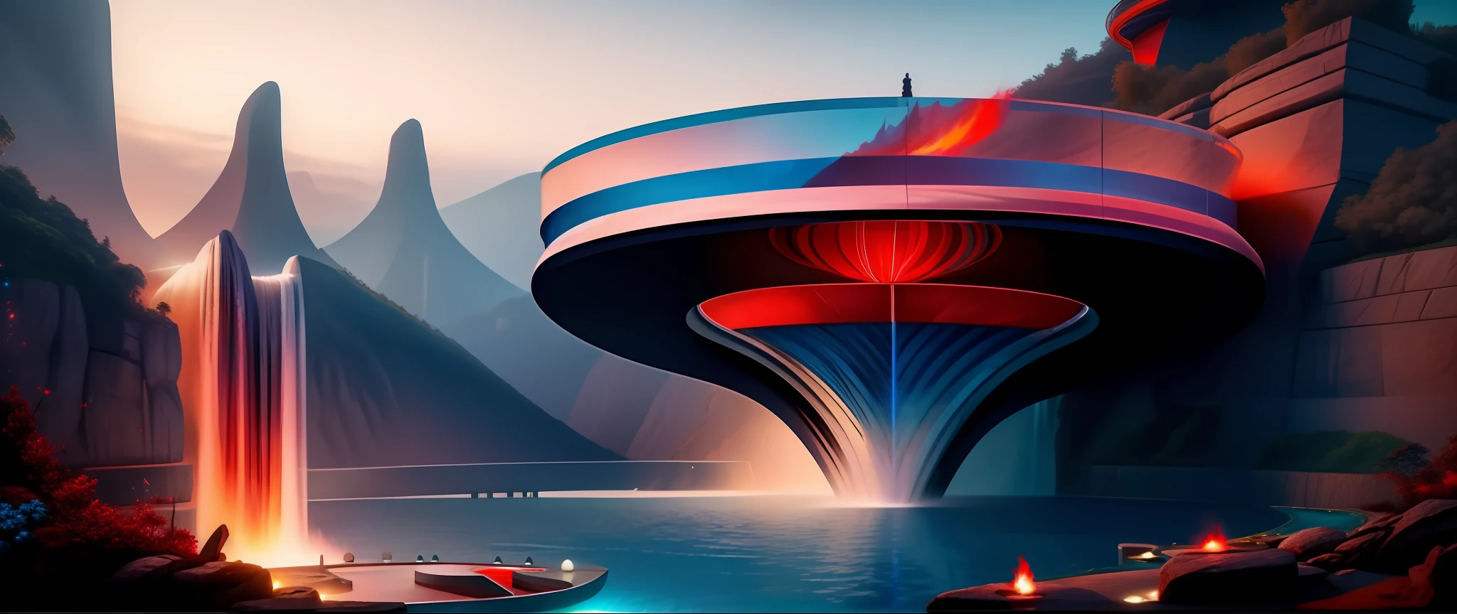 Draw a waterfall,(fire and ice),Blue and red,The is very detailed,Epic surrealist 8K oil painting, a portal to the lost flame realm, 4k vertical wallpaper, smelting pit'beeple