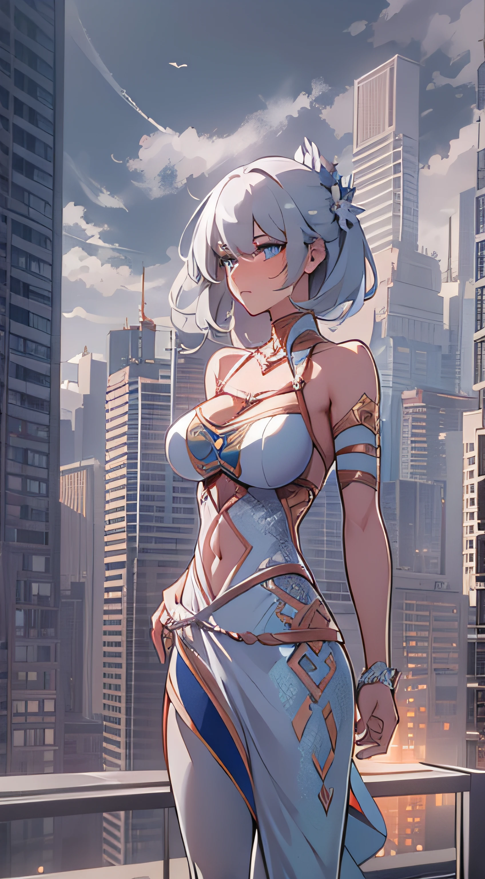 1 girl, bride gown, full_body, silver hair, ultra detailed, 4k rendering, art station, expressive eyes, cute face, big breast, blush face, blue eyes, anime style, soft light, simple background, expresive face, adult face, smile,"A towering Giantess in a cool and laid-back hippie style is rocking a crop top and baggy pants. Her toned and athletic build hints at her massive strength. She seems to be casually strolling through the bustling cityscape of GTS City, as towering buildings loom overhead. Smoke and clouds roil around her, adding to the sense of epic scale and drama. The lighting is dark, gloomy, and realistic, creating a tense and ominous atmosphere. The perspective is from below, emphasizing the sheer majesty and power of the Giantess."