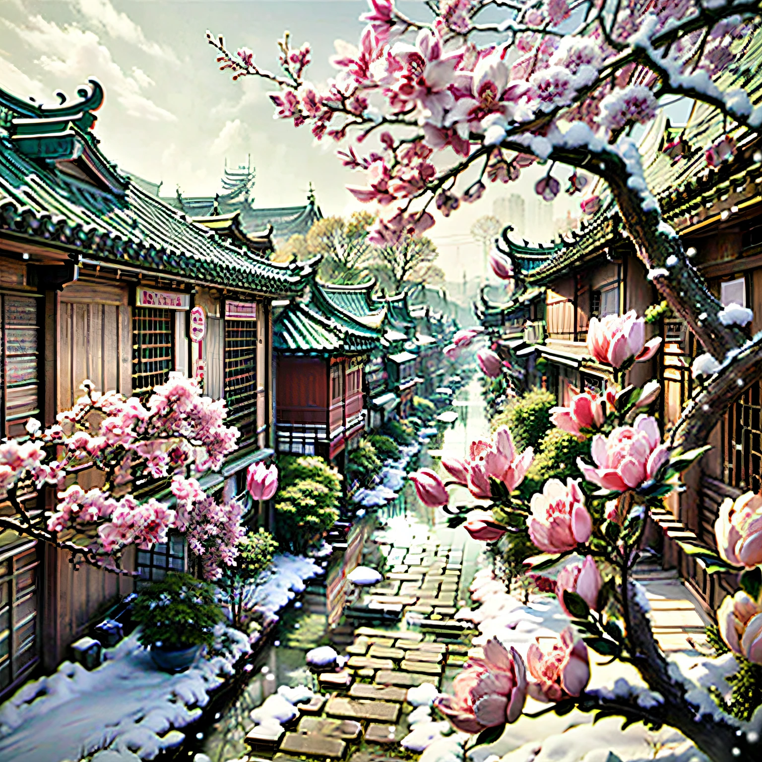 jiangnan town, ancient architecture, snow scene, magnolia, sunny, beautiful scenery, courtyard, depth of field, vista, high definition, surreal background, clear background, hd2:3v4 2 --v 4 --ar 2:3