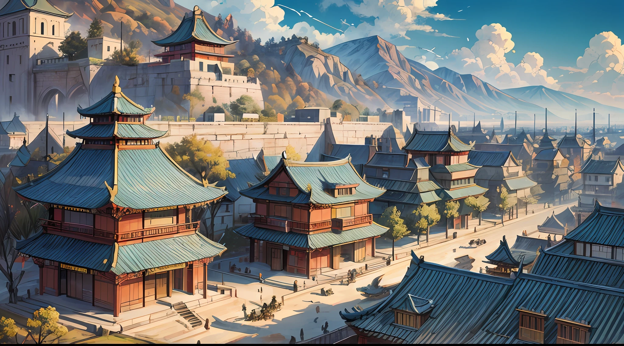 Map of ancient Chinese cities，Presented in the form of illustration art，Inspired by soldiers from the Tang Dynasty，There are several tall walls in the picture，There were sentinels on the walls，There were people and traders under the city walls，There are several flying eagles in the sky，The whole picture is dominated by warm colors，It shows a lively city atmosphere。