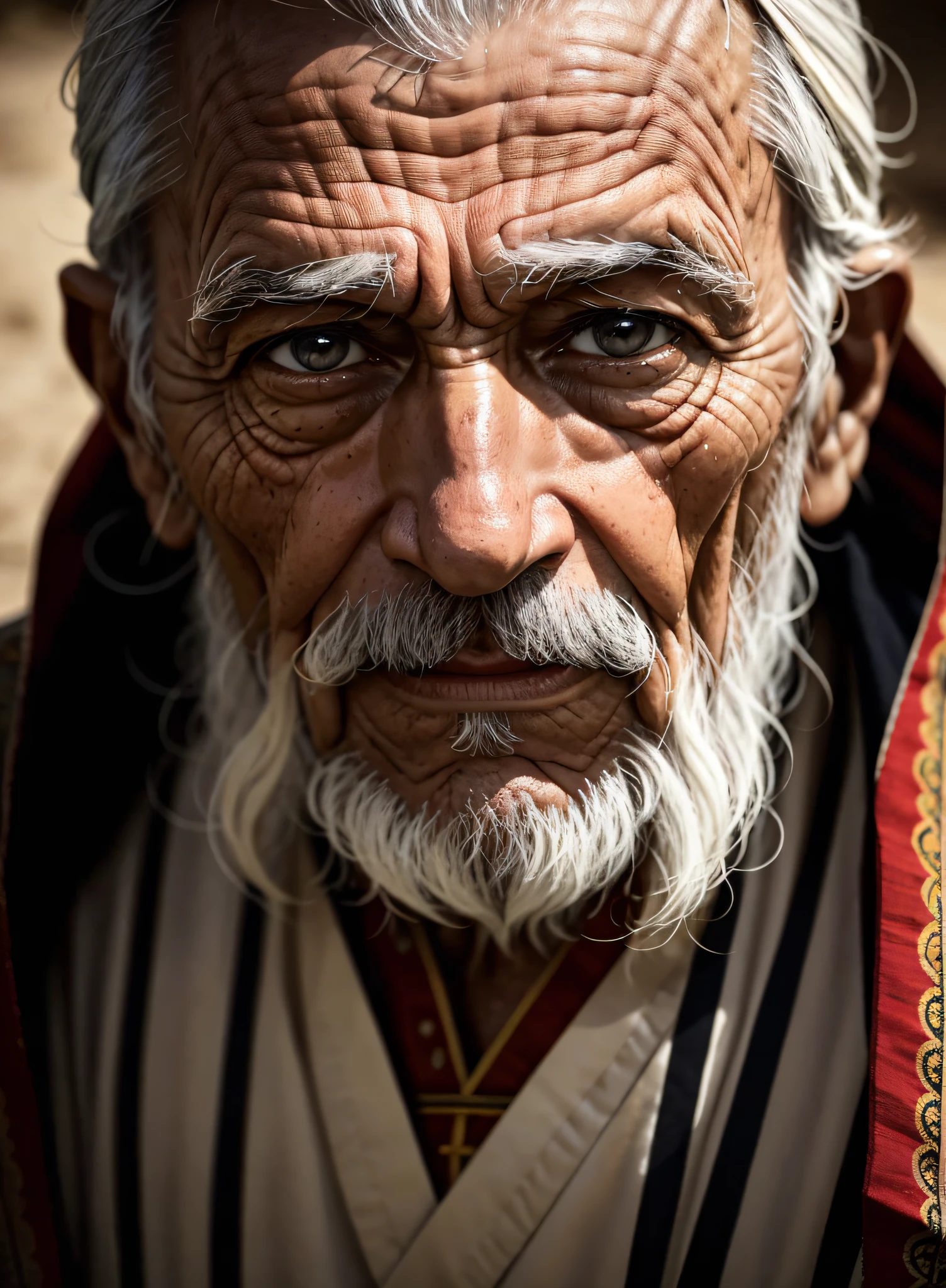 The camera focuses on the face of a wise old man, whose expression carries the wisdom of years of experience. His determined gaze is sharp, como se pudesse ler as profundezas da alma de quem o observa.

A barba branca, densa e bem-cuidada, acrescenta uma aura de respeito e autoridade ao seu visual. The striking wrinkles on his face tell stories of a life lived with intensity and purpose, refletindo a passagem do tempo.

The eyes of the sage shine with an inner flame, transmitting a wisdom that can only be acquired with the journey of many years. Every line on your face is a mark of your journey, de suas alegrias e desafios.

The lighting is carefully designed to highlight every detail of the sage's face, highlighting the traits that tell the story of his life. The focus is entirely directed to your face, proporcionando um retrato realista e imersivo.

Apesar da idade aparente de 50 anos, The sage's expression conveys a timeless presence, a connection to wisdom that transcends mere physical existence.

This image captures the essence of a sage who, Behind his aging physical appearance, is a bearer of valuable knowledge and teachings, acquired throughout a life dedicated to the pursuit of understanding and understanding of the world.