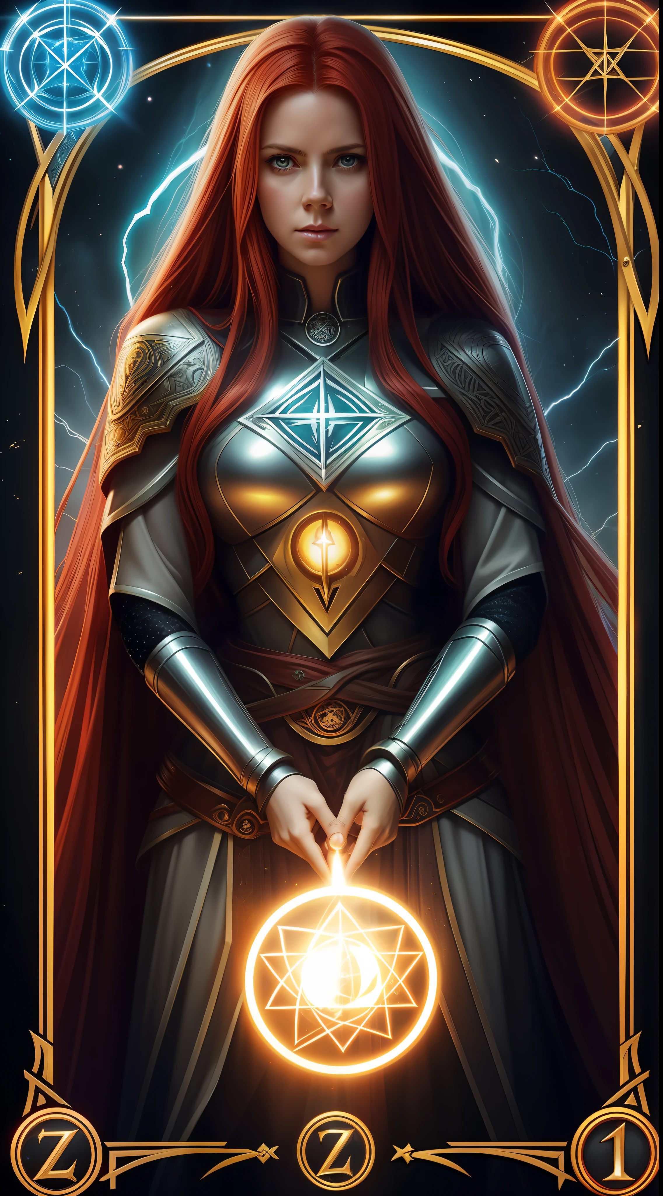 a woman holding a glowing ball in her hands, featured on cgsociety, fantasy art, very long flowing red hair, holding a pentagram shield, looks a bit similar to amy adams, lightning mage spell icon, benevolent android necromancer, high priestess tarot card, anime goddess, portrait of celtic goddess diana, featured on artstattion