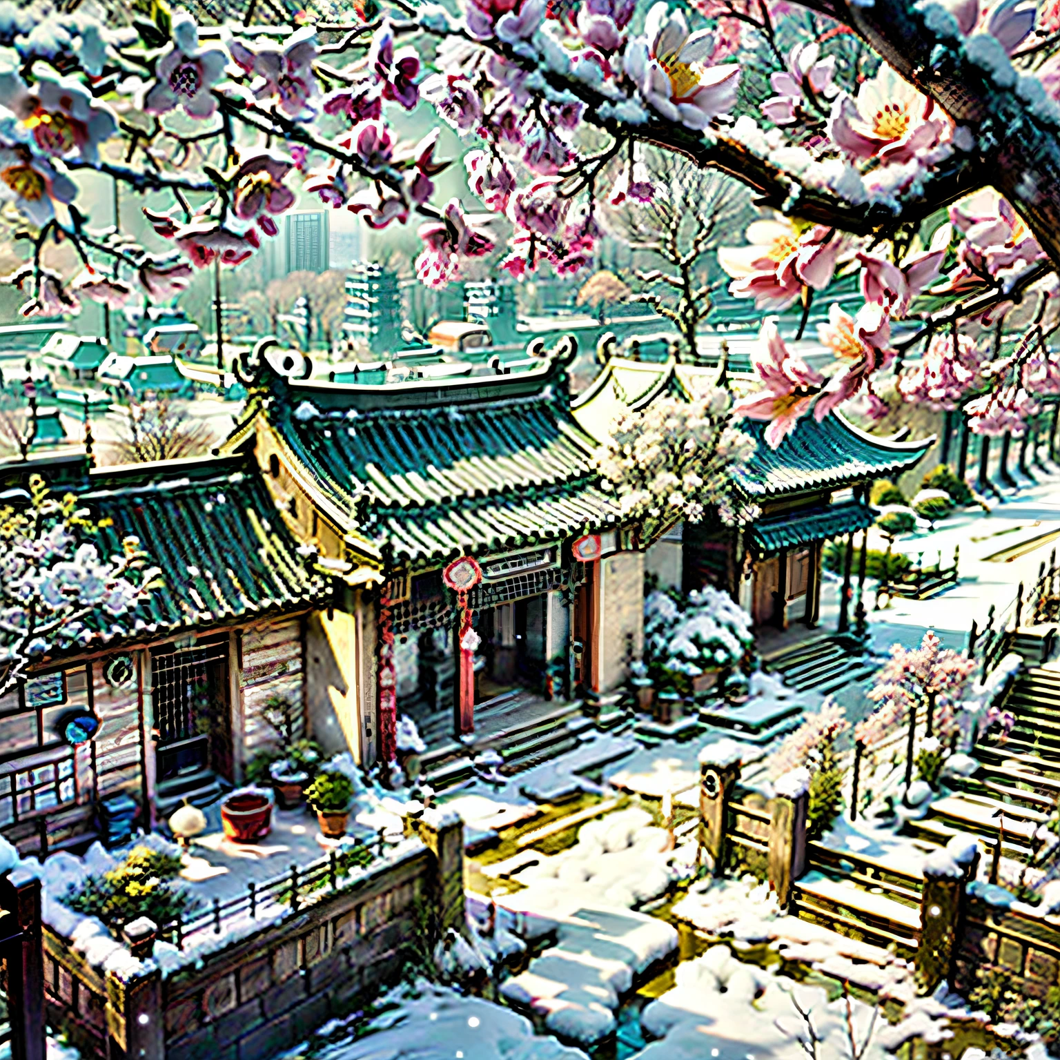 jiangnan town, ancient architecture, snow scene, magnolia, sunny, beautiful scenery, courtyard, depth of field, vista, high definition, surreal background, clear background, hd2:3v4 2 --v 4 --ar 2:3