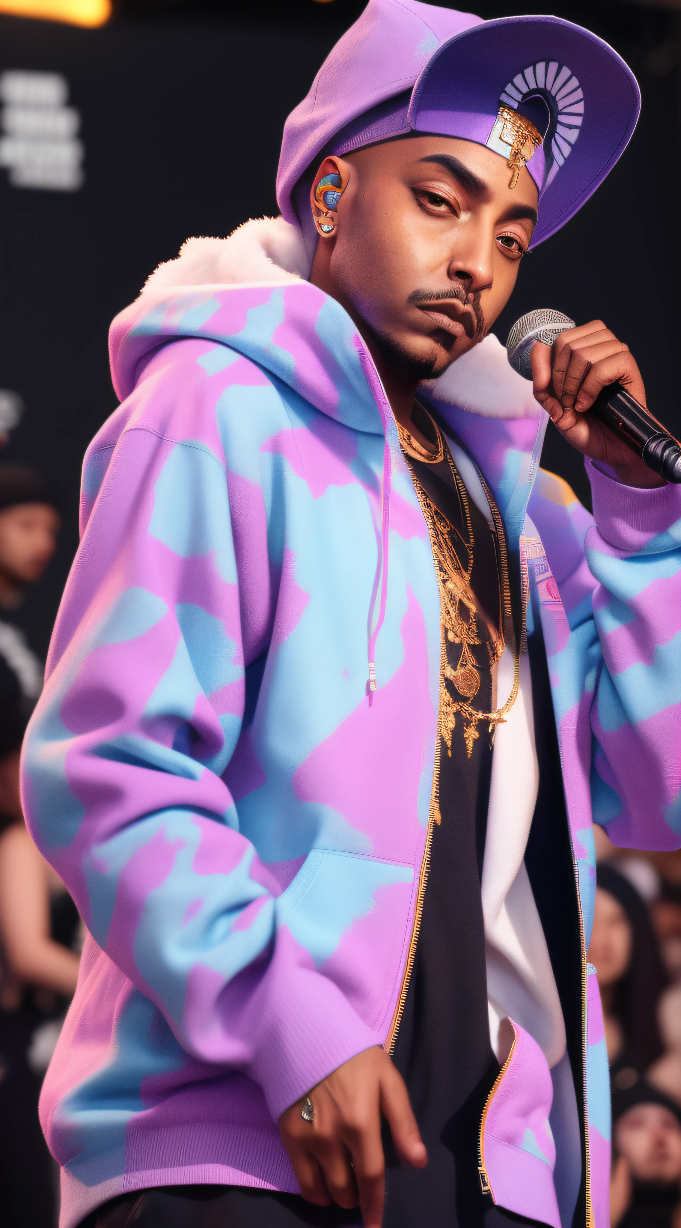 1rapper with Bald hair, modern Streetwear Clothing Purple and Sky Blue Animal Print mink Fur Jacket (Virgal Abloh) (H R Gigger), Black hoodie and black cap speaking in a micro, rapper on stage at the festival, rapper, live at lollapalooza, in front of a large crowd, big head on stage, , rap, Chicago, Boston, recognizable, performing