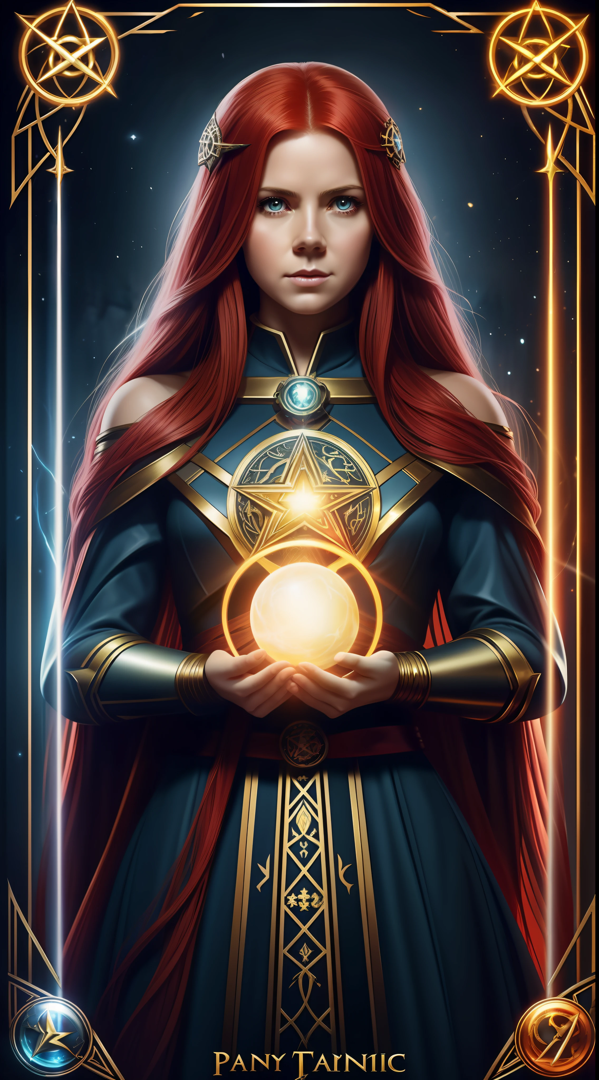 a woman holding a glowing ball in her hands, featured on cgsociety, fantasy art, very long flowing red hair, holding a pentagram shield, looks a bit similar to amy adams, lightning mage spell icon, benevolent android necromancer, high priestess tarot card, anime goddess, portrait of celtic goddess diana, featured on artstattion